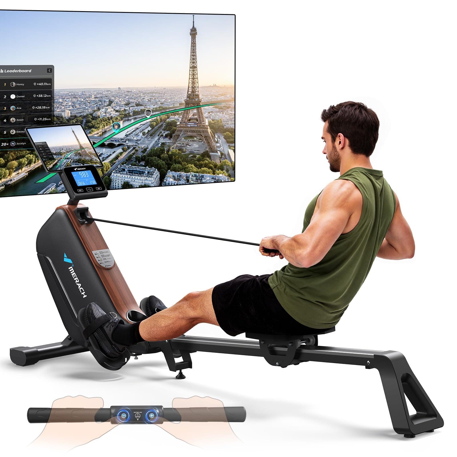 MERACH Rameur d'appartement, Rameur Magnétique Silencieux, Rails Améliorés et Allongés de 130 cm pour Une Plus Grande liberté de Mouvement, équipé d'une Application Exclusive