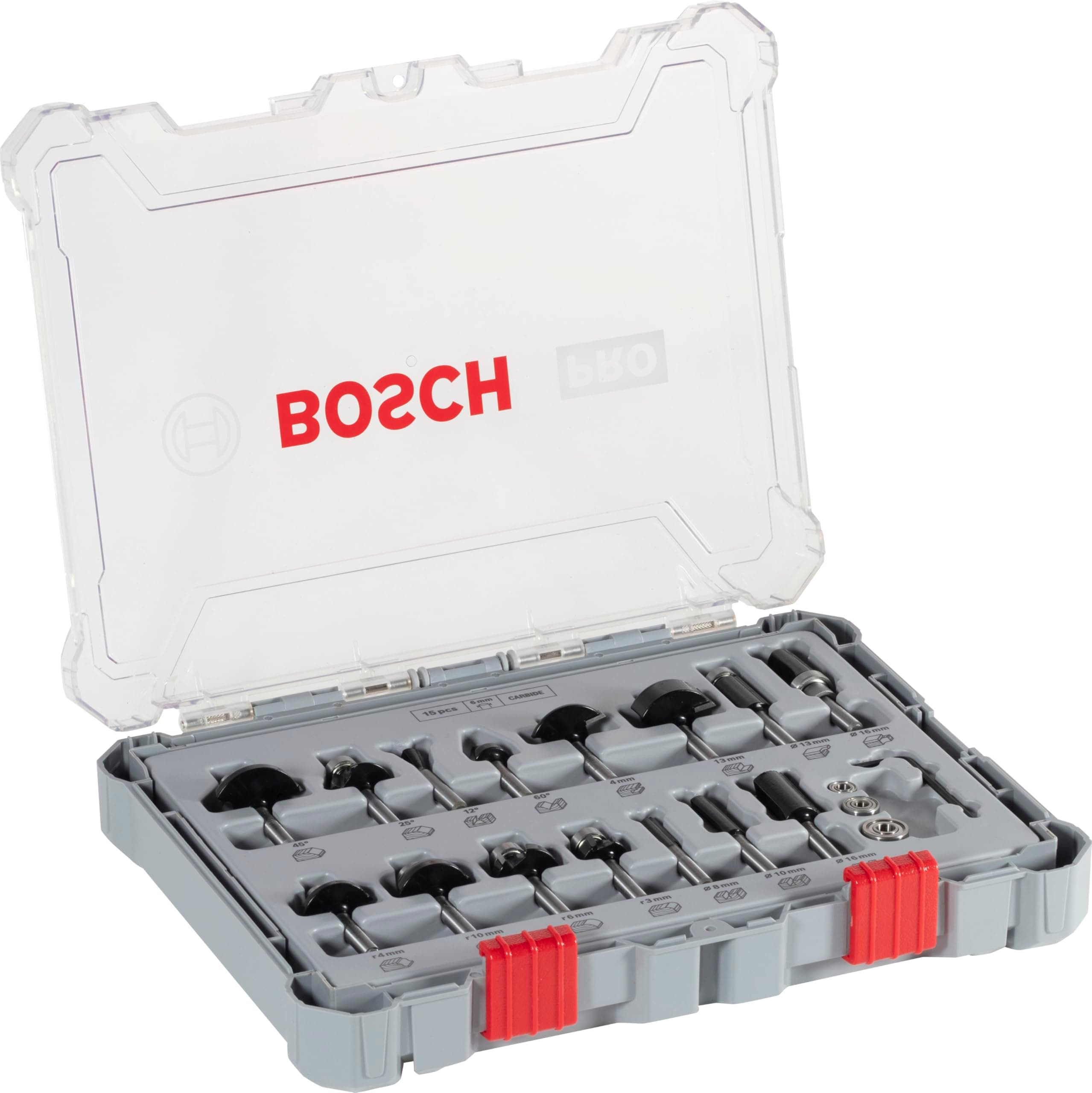 Bosch Professional Set Mixto de Brocas Fresadoras de 15 Piezas (para madera, vástago de Ø 6 mm, Accesorios Fresadoras)