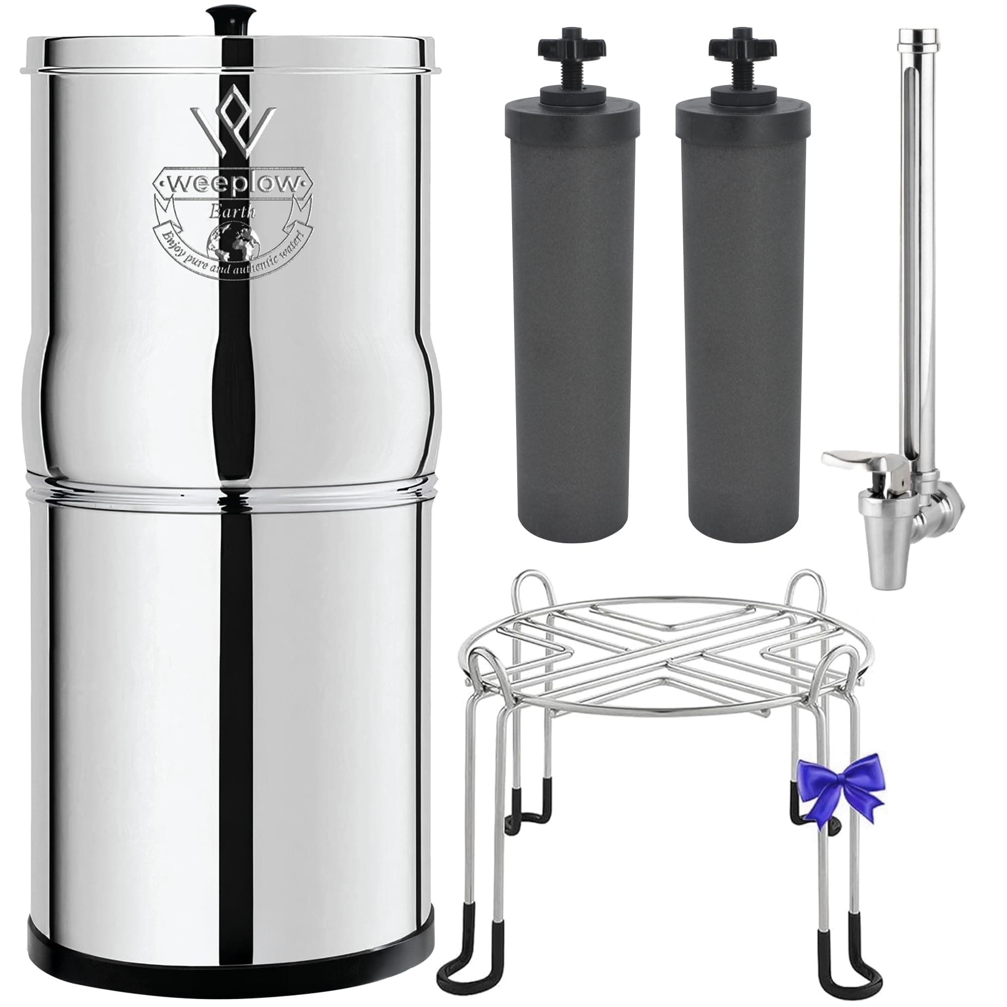 Weeplow Earth Système Filtration d'Eau par Gravité 8.5L Inox AISI 304 | Inox AISI 304, robinet avec niveau d'eau et support inox offert. 2 éléments de purification O'Pure 2 inclus. 8,5 litres.