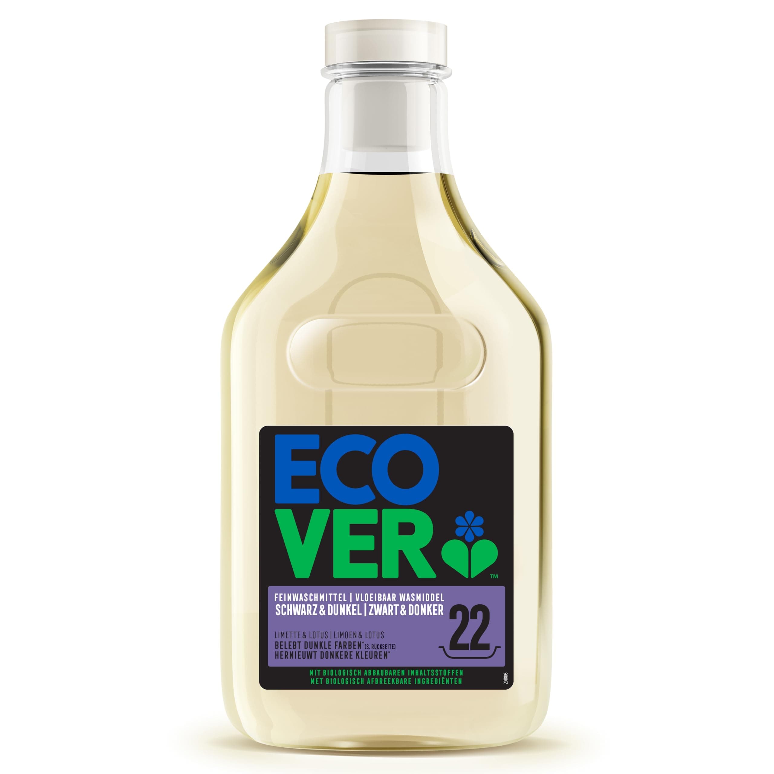 Ecover Flüssigwaschmittel für schwarze und dunkle Wäsche, Limetten- und Lotusduft, Ecover Waschmittel, 22 Waschgänge, 1 x 1L