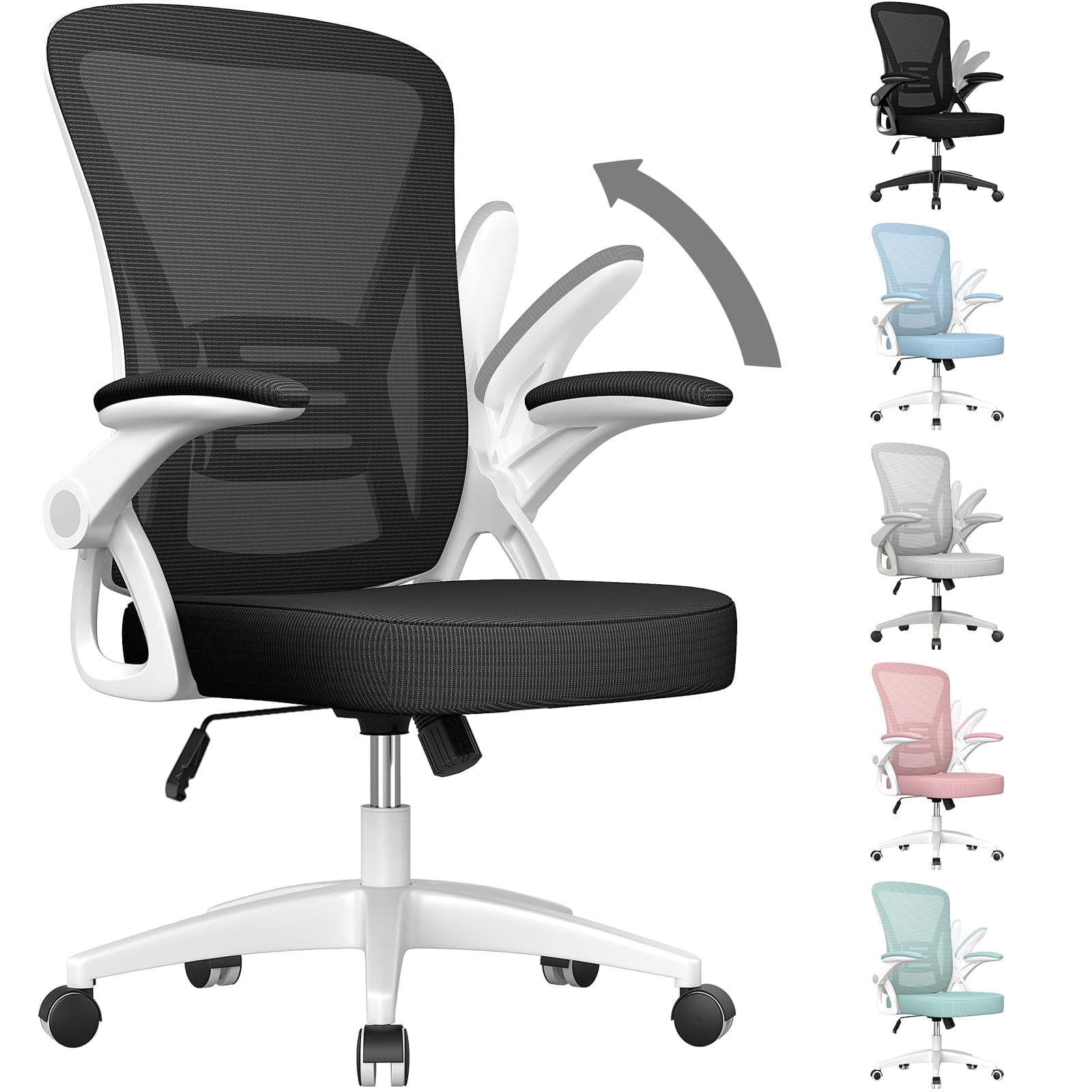 rattantree Silla de Oficina, Silla de Escritorio Ergonómica con Reposabrazos Plegables, Altura Ajustable, Soporte Lumbar, Silla Giratoria con Cojín de Asiento Acolchado Blanco