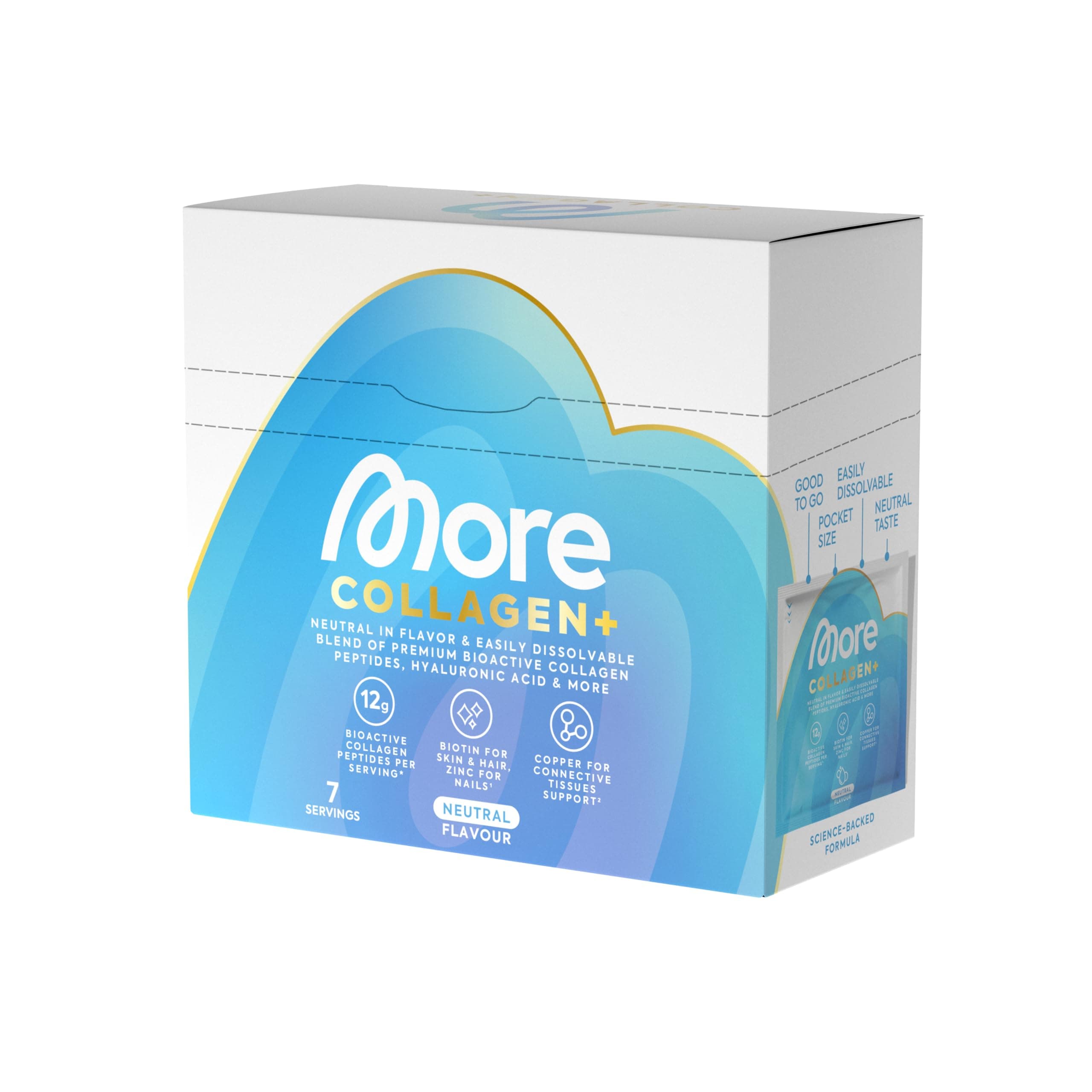 MORE Collagen+ Box, 7 x15 g, Neutral, mit Kollagenhydrolysat, Hyaluronsäure, Vitaminen, Mineralstoffen und Glycin, made in Germany