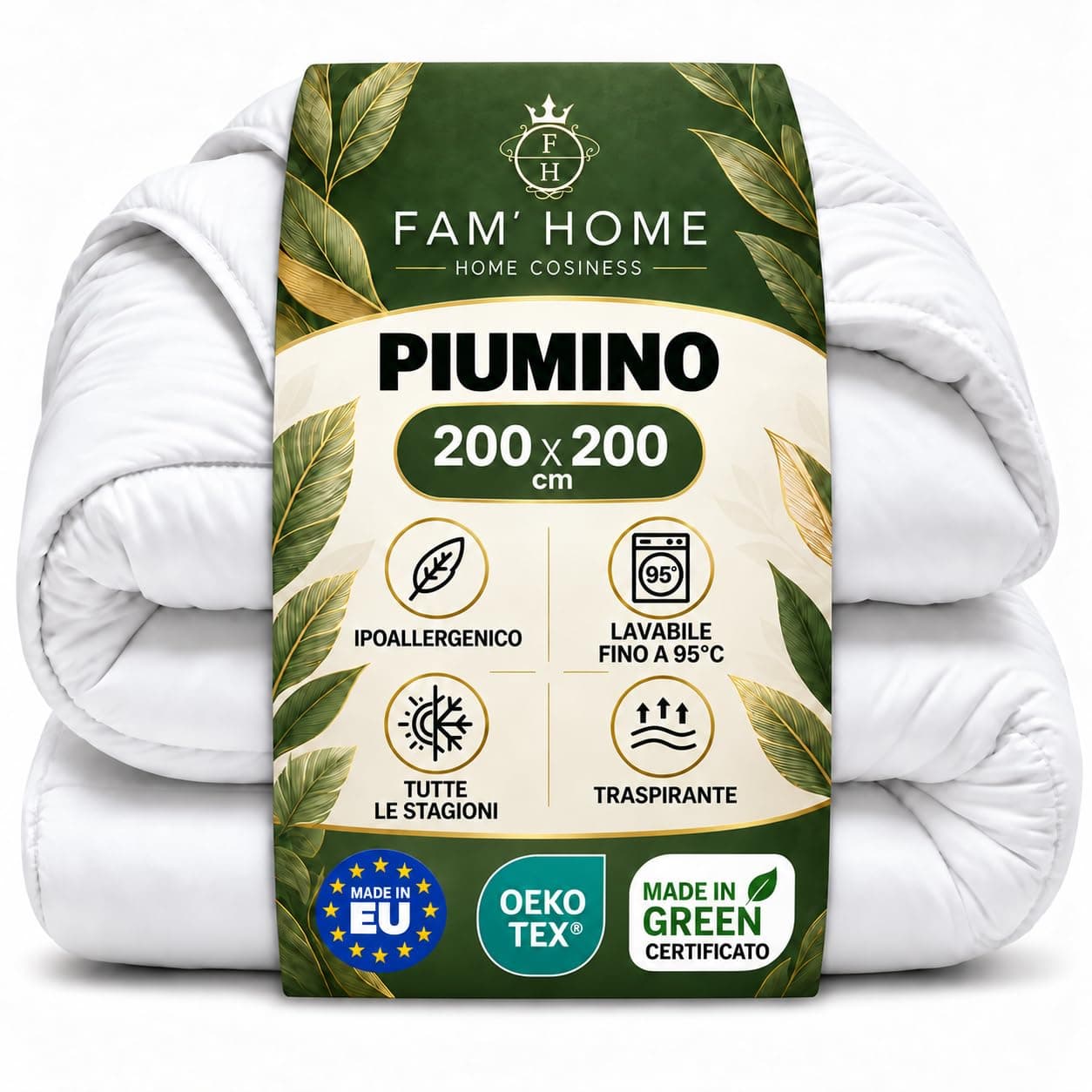 FAM HOME Piumone Piazza e Mezza 200x200 cm Made In Green Tutte le Stagioni | 350 g/m² piumone caldo e traspirante – anallergico certificato OEKO-TEX e lavabile per un comfort ideale in tutte le stagioni