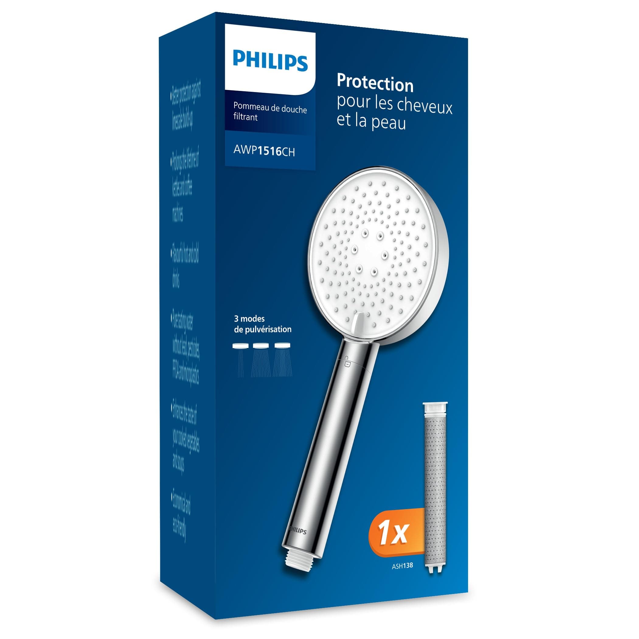 Philips Pommeau de douche avec filtre, élimine efficacement le chlore et les autres grosses particules, trois modes de pulvérisation, design améliorant la pression, capacité de filtration de 1 mois