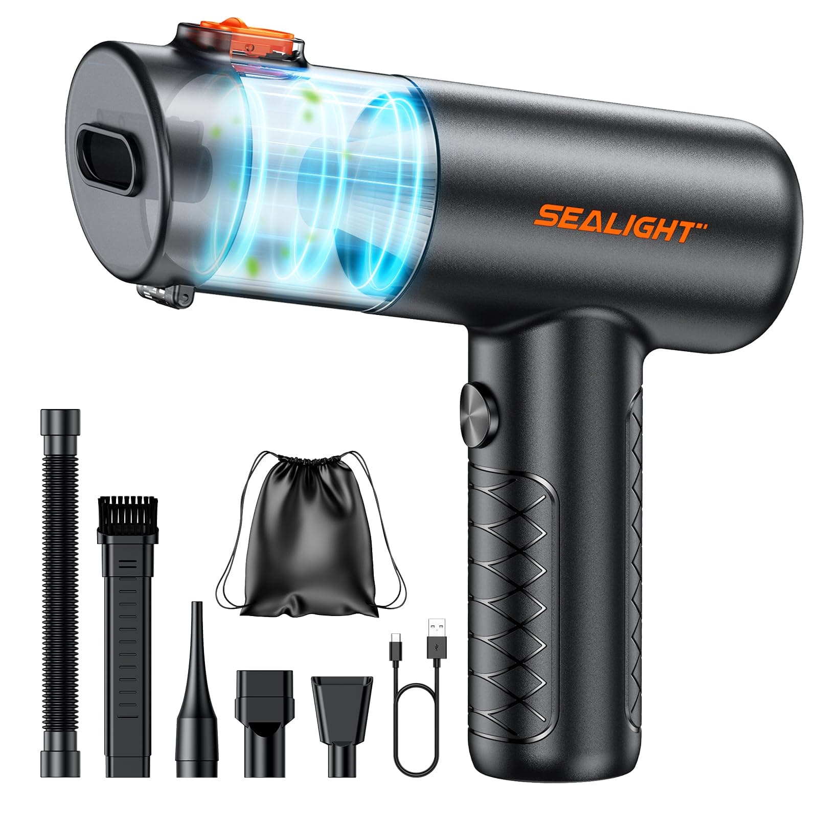 SEALIGHT Aspirador de Mano 32000Pa, 4 en 1 Aspiradora de Coche con Motor Sin Escobillas, aciado Automático de un Toque Mini Aspiradora Sin Cable para Pelo de Mascotas, Coche, Hogar