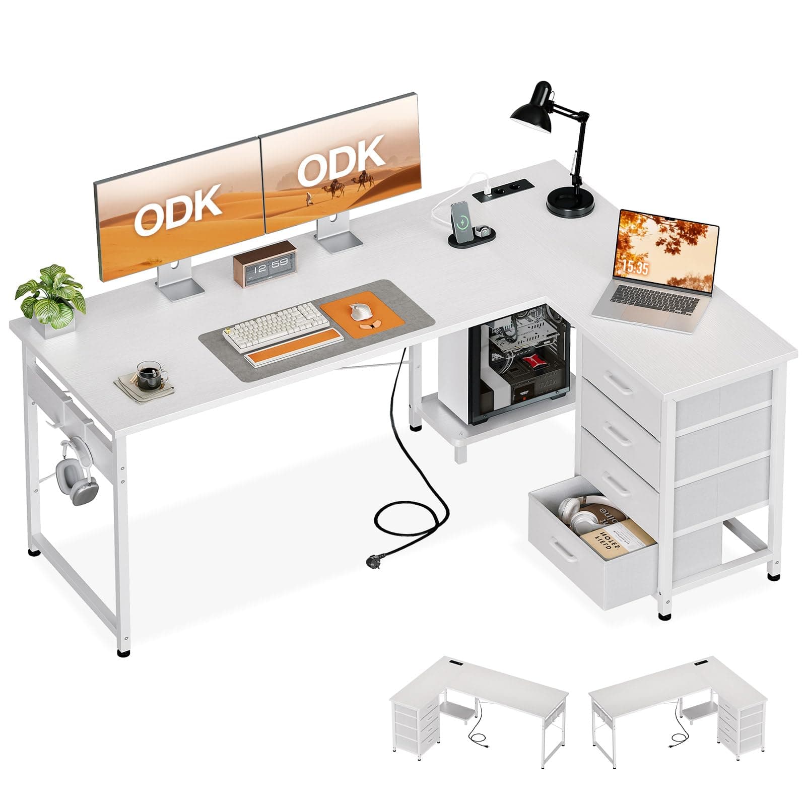 ODK Escritorio Esquinero con Cajones, 155×110 cm Escritorio en L con Enchufes y Puerto de Carga USB, Escritorio Esquina Reversible con Almacenamiento para Oficina en Casa, Blanco