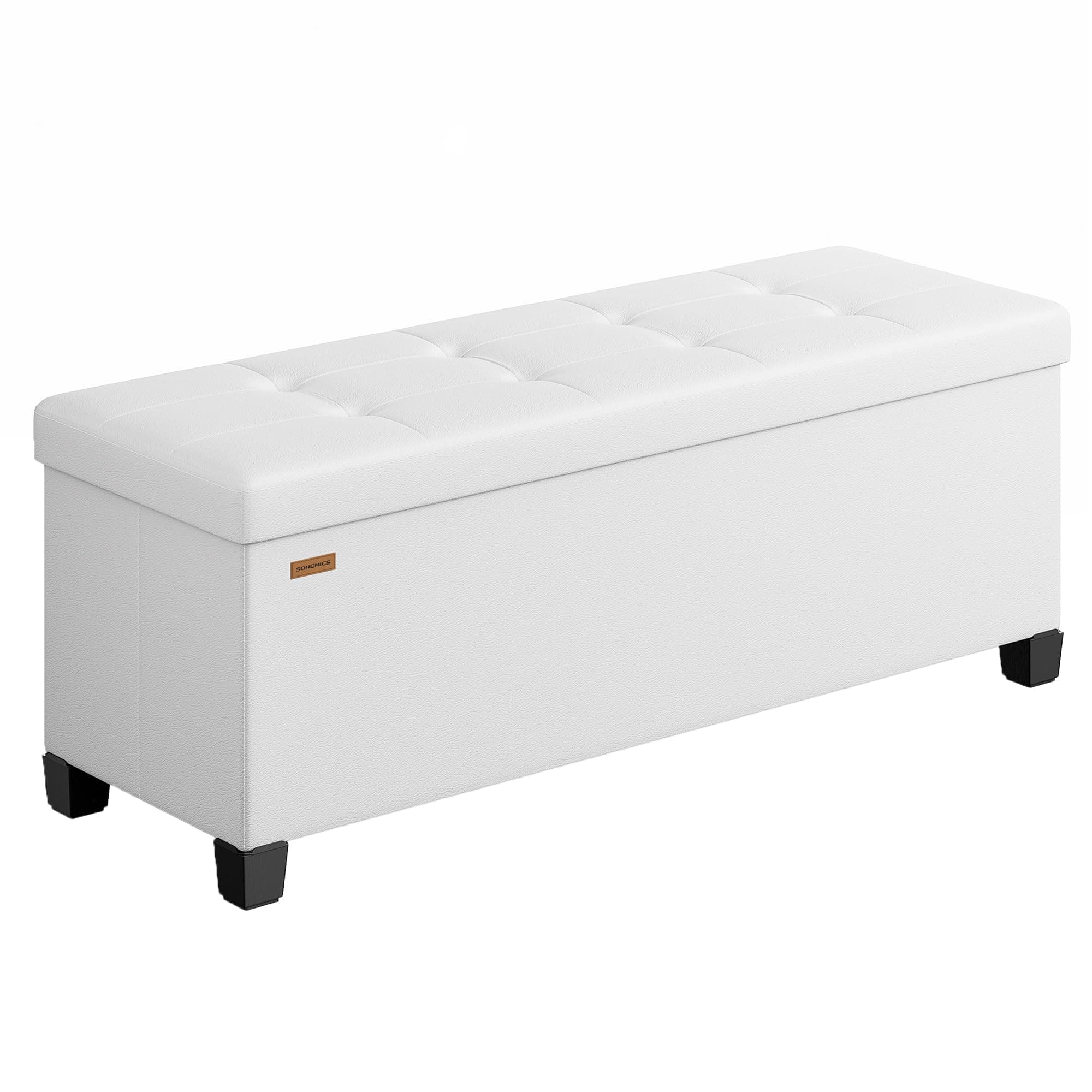 SONGMICS Puff Almacenaje, Banco Plagable con Patas, 38 x 110 x 40 cm, Reposapiés, 112 L, PVC, para el Dormitorio, Sala de Estar, Blanco Nube LSF0514W02