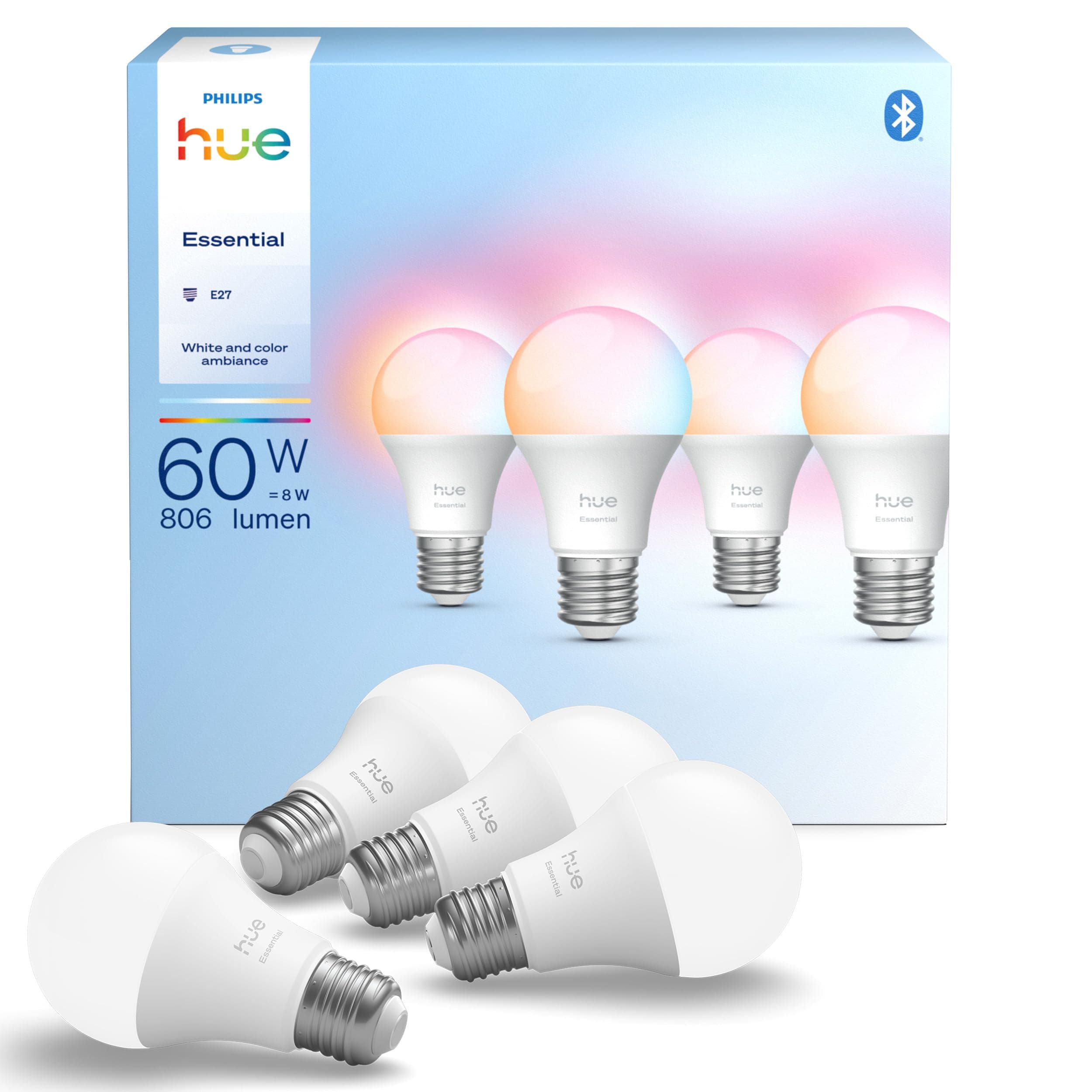 Philips Hue Essential Smart LED A60 Lampe, Weiß und Farbiges LED Leuchtmittel, E27 Fassung, 8W, 2200K-6500K, 806 Lumen LED Licht, dimmbar, kompatibel mit Alexa, Google Assistant & Apple Home, 4er Pack