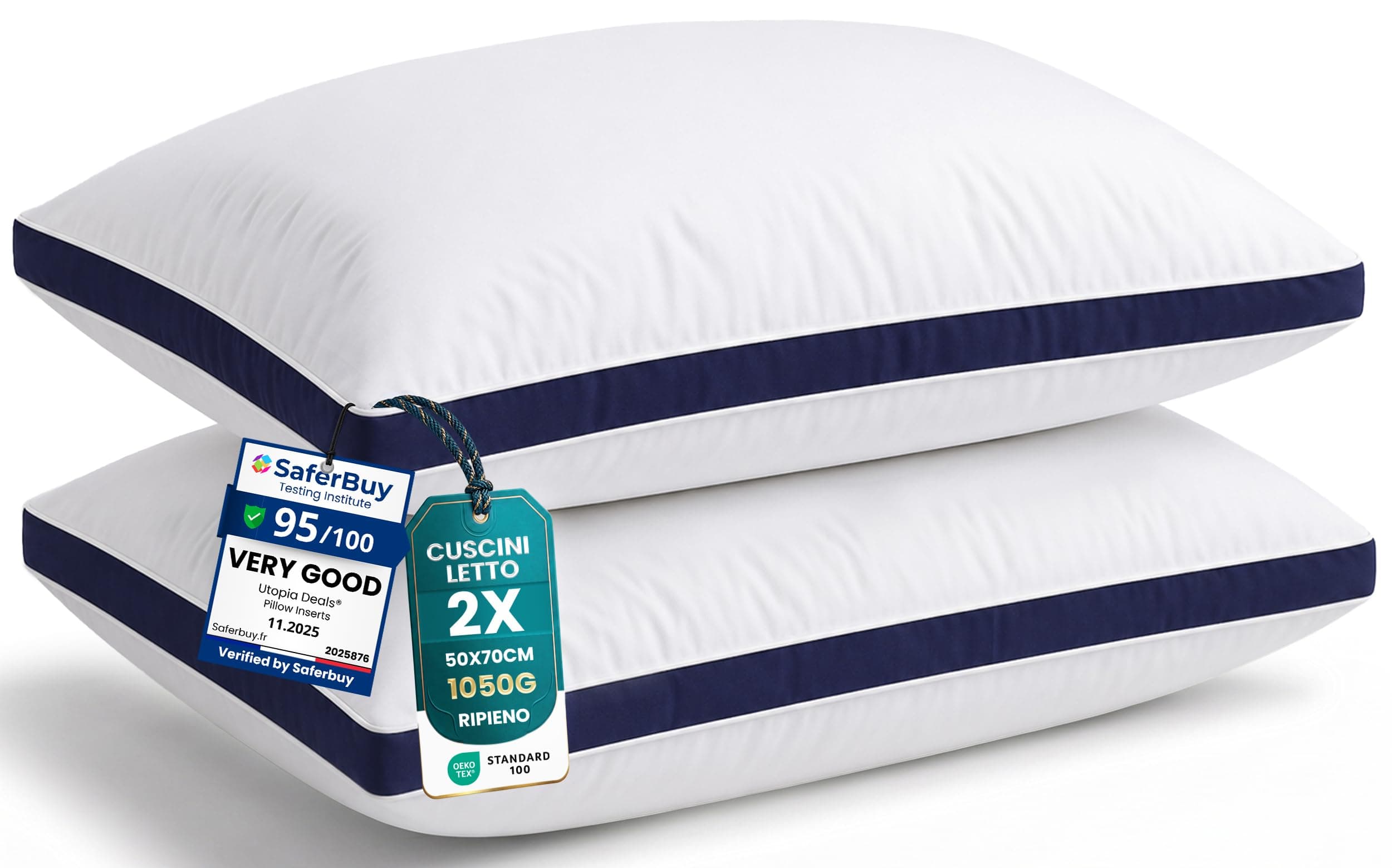Utopia Bedding Cuscini Letto, Guanciali Letto Coppia, Esterno in Misto Cotone con Fibra di Poliestere 3D, Morbida e Traspirante Cuscini (2, Blu Marino, 50x70 cm)
