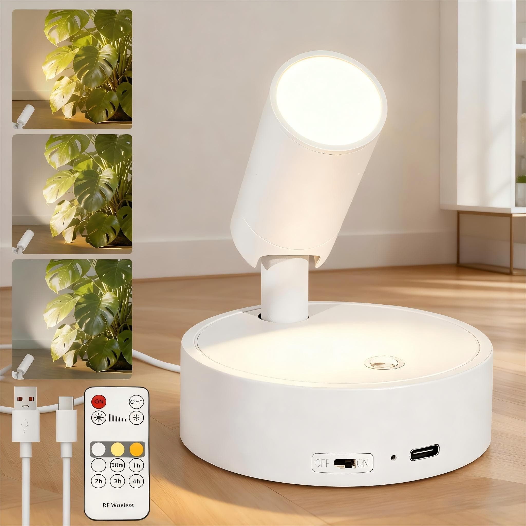 Kambo Luces LED Inalámbricas Blanco, Foco Recargable, Lámpara de Pie Táctil Remoto, Pequeños Foco Artísticos y Luz Lectura con Temporizador para Planta, Obras Arte, Habitación, Estar, 1 Pieza