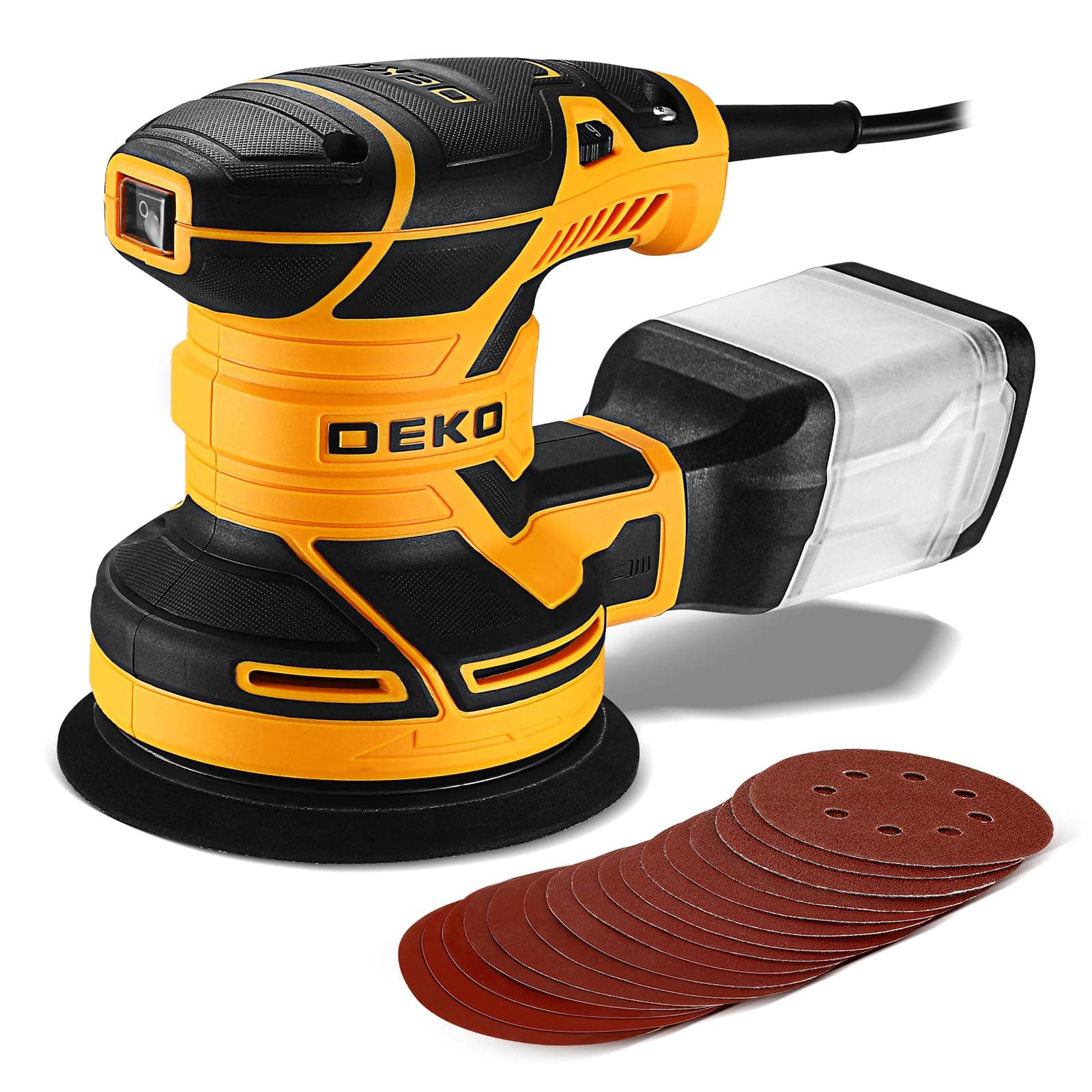 DEKOPRO Levigatrice orbitale 300W 6 velocità 14000 RPM levigatrice elettrica ideale per superfici in legno e acciaio con 16 fogli di carta abrasiva