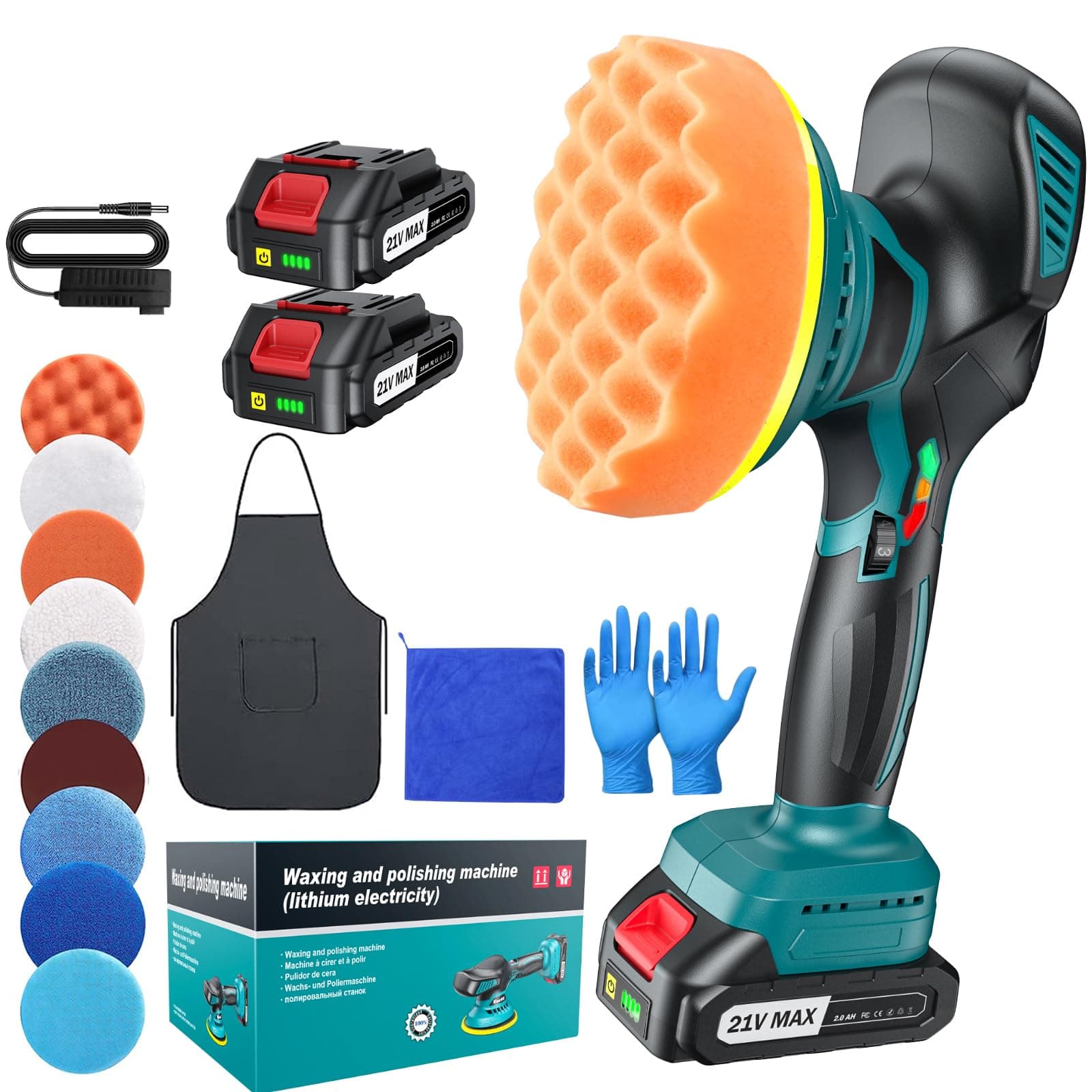 Pulidora Coche Inalámbrica 150 mm Orbital Doble Acción con 2×21V 2000mAh Baterías, Kit 13 Piezas, 6 Velocidades Ajustables 5500RPM, Pulidora Batería para Encerar, Eliminar Arañazos y Renovar Pintura