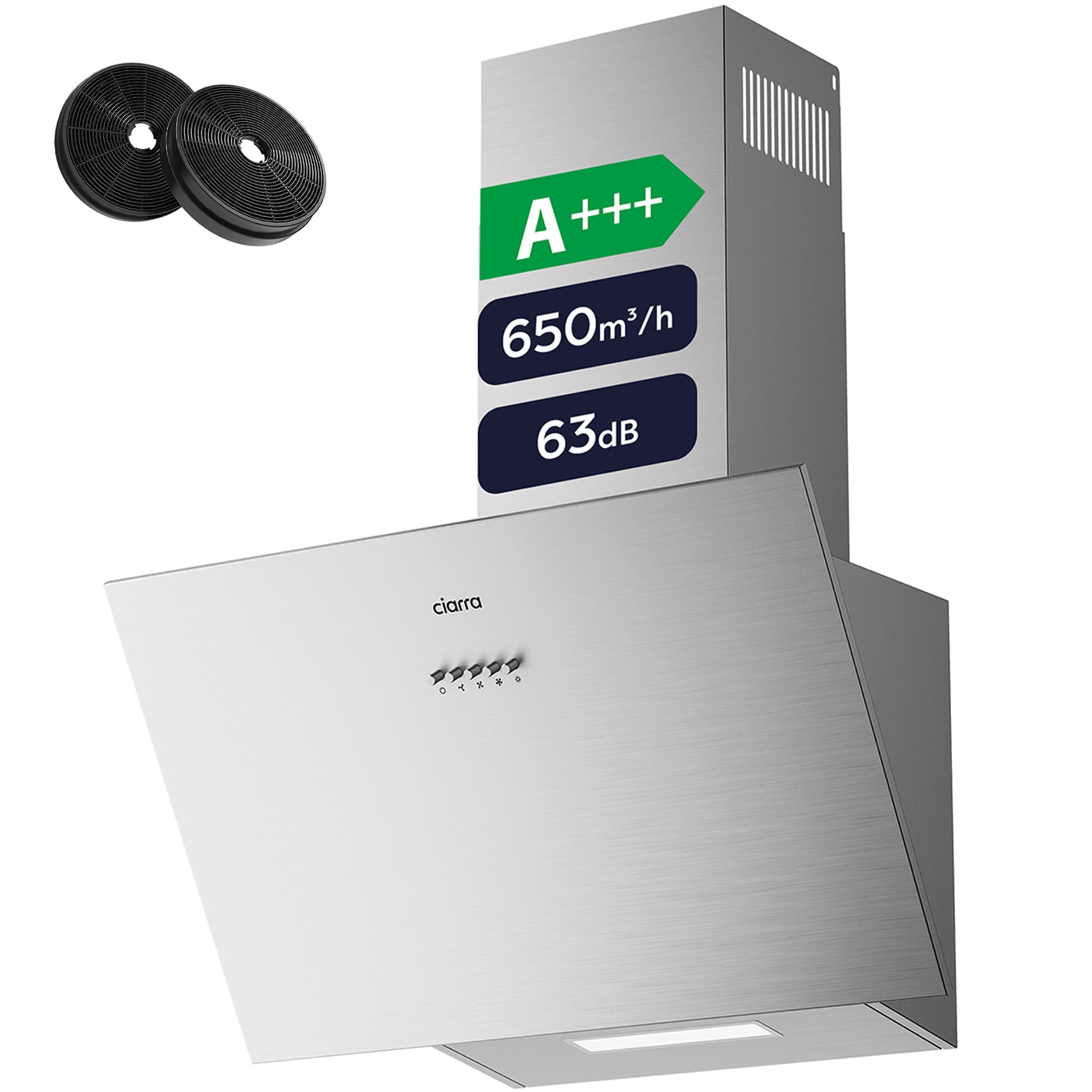 CIARRA CBCS6762A A+++ Extractora Campana 60cm Recirculación 650m³/h Extractor Cocina de 3 Velocidades con Filtro de Carbón Activo CBCF003 Bonete de Recirculación Acero Inoxidable Plata