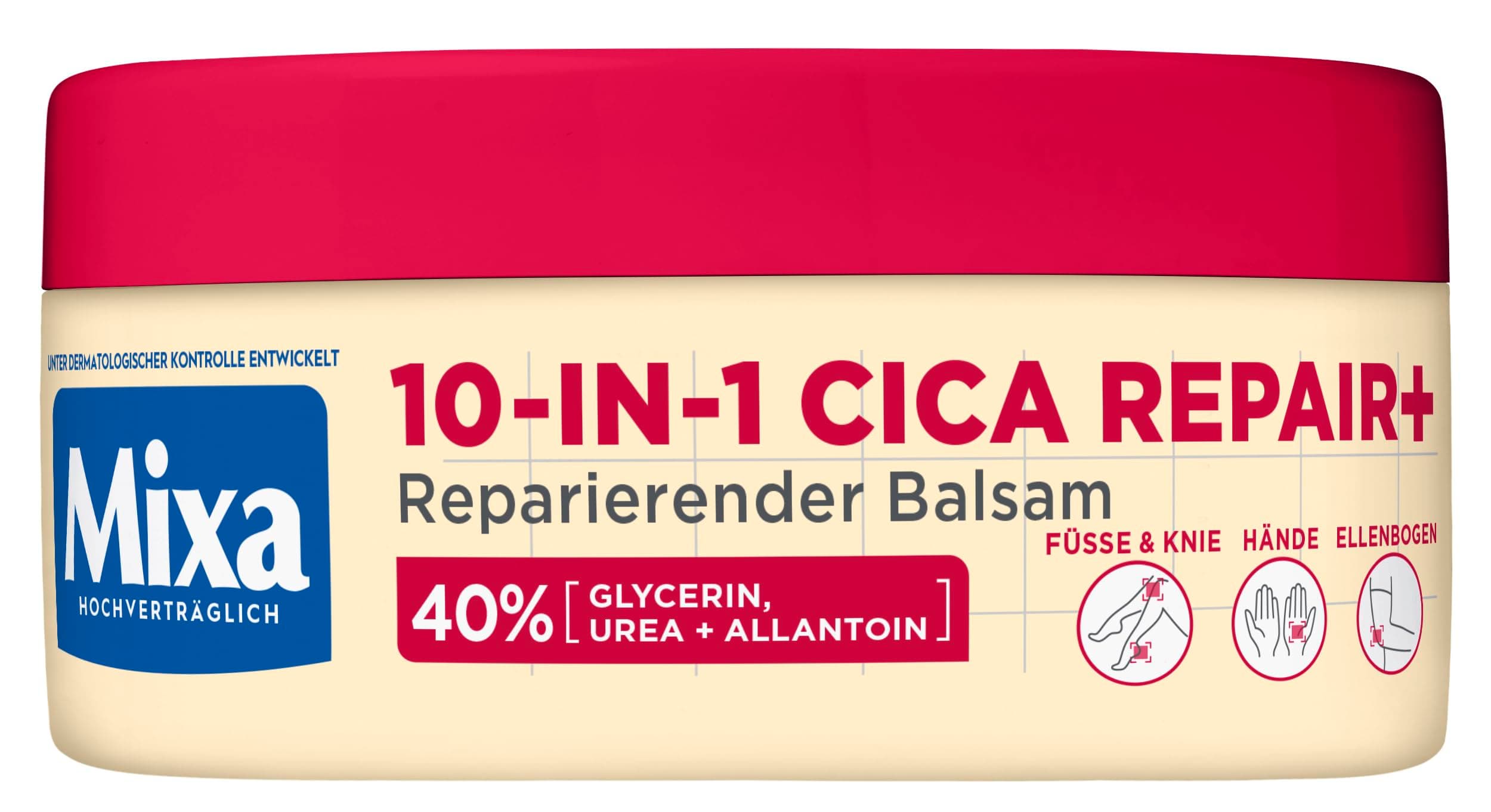 Mixa Harnstoff-Lotion, 40% Glycerin, Harnstoff und Alanoin, regenerierend, feuchtigkeitsspendend, für sehr trockene, rissige Haut an Ellenbogen, Füßen und Händen, 10 in 1 Urea Cica Repair+, 150 ml