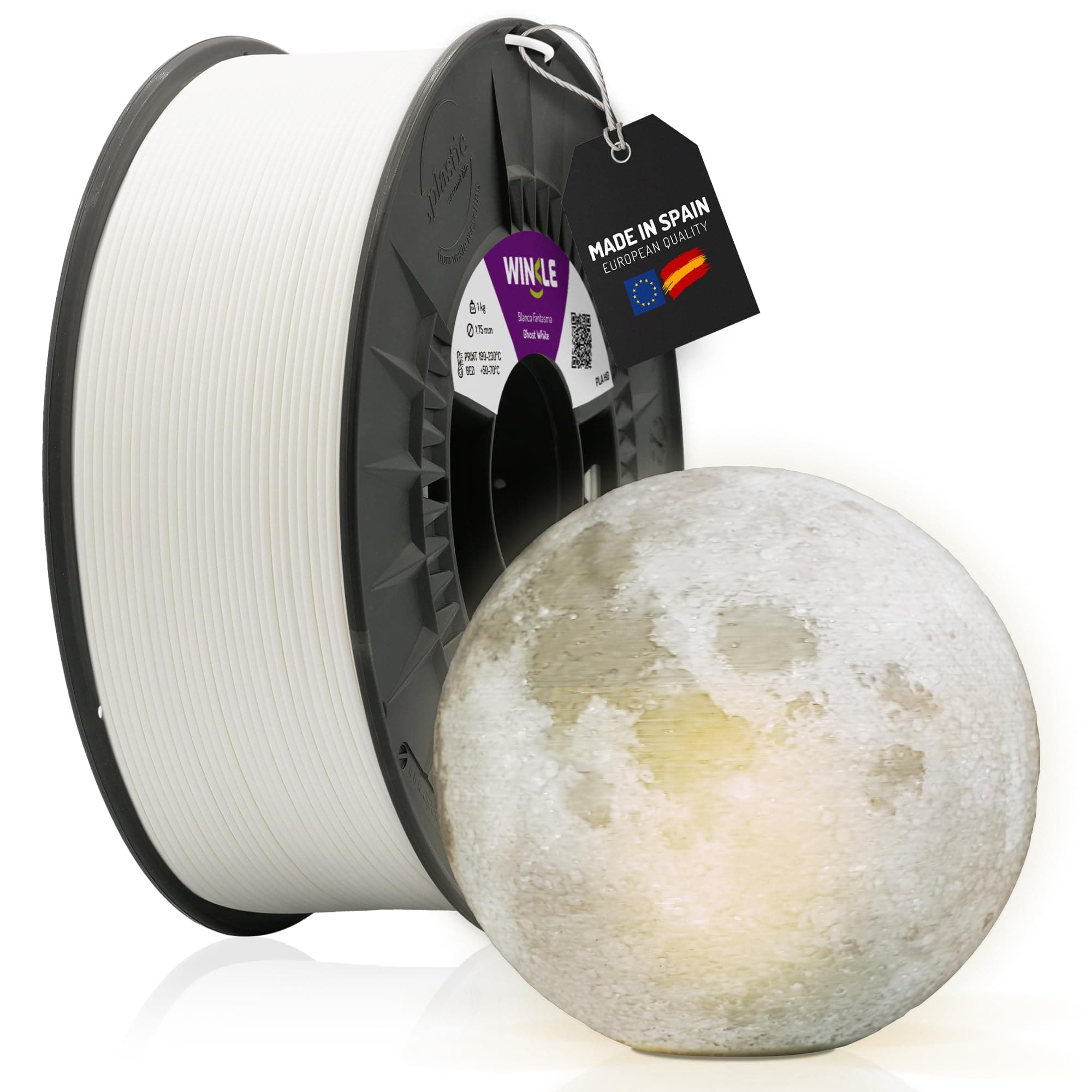 WINKLE Filamento PLA HD Blanco Fantasma | Filamento Impresora 3D | Filamento PLA 1,75mm 1kg | PLA Blanco | Compatible con Todas las Impresoras 3D | Precisión Dimensional | Bobina 1kg