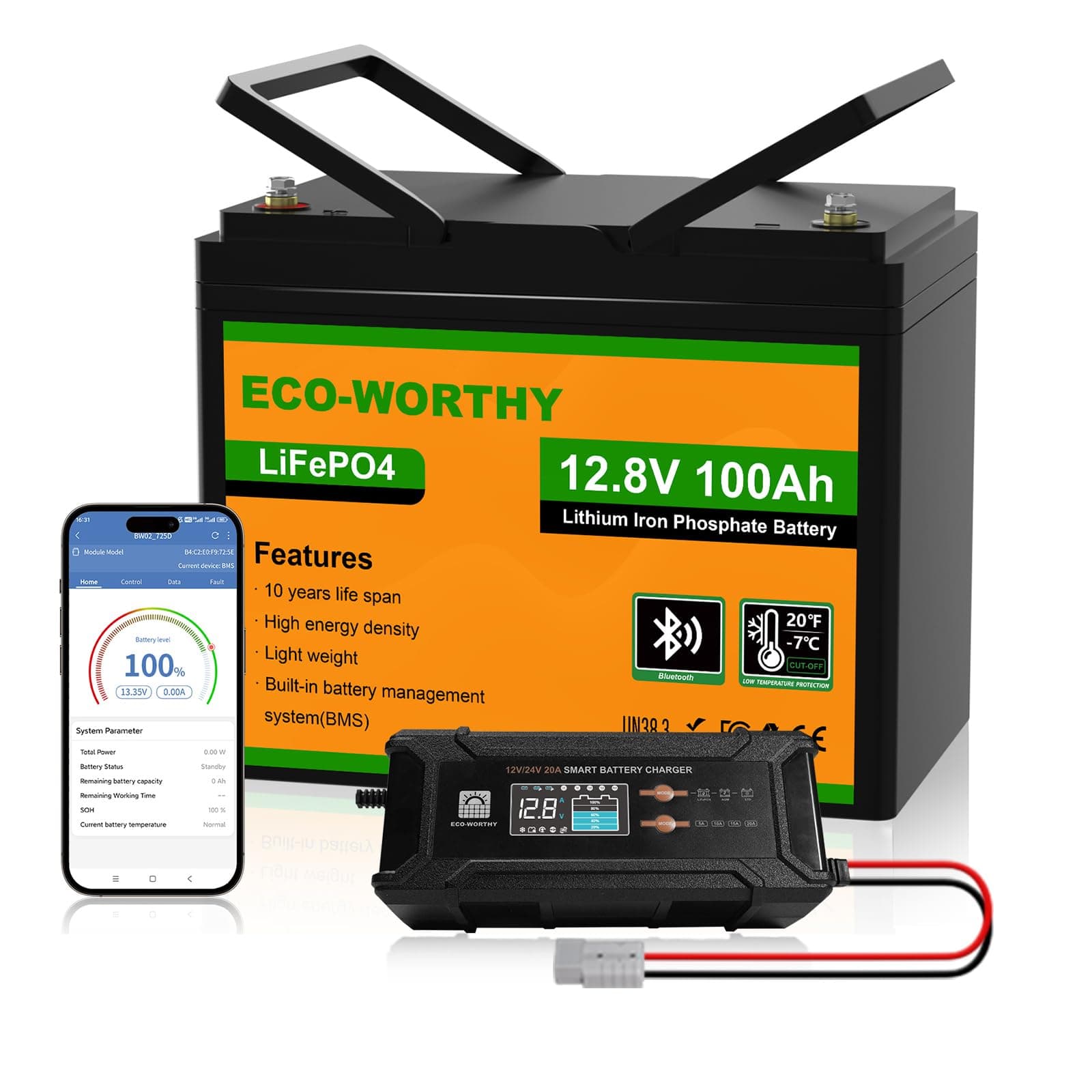 ECO-WORTHY LiFePO4 Bluetooth 12 V 100 Ah con Caricabatterie 12/24 V 20 A, batteria al litio 12 V 100 Ah con protezione BMS a bassa temperatura per camper, barche, roulotte
