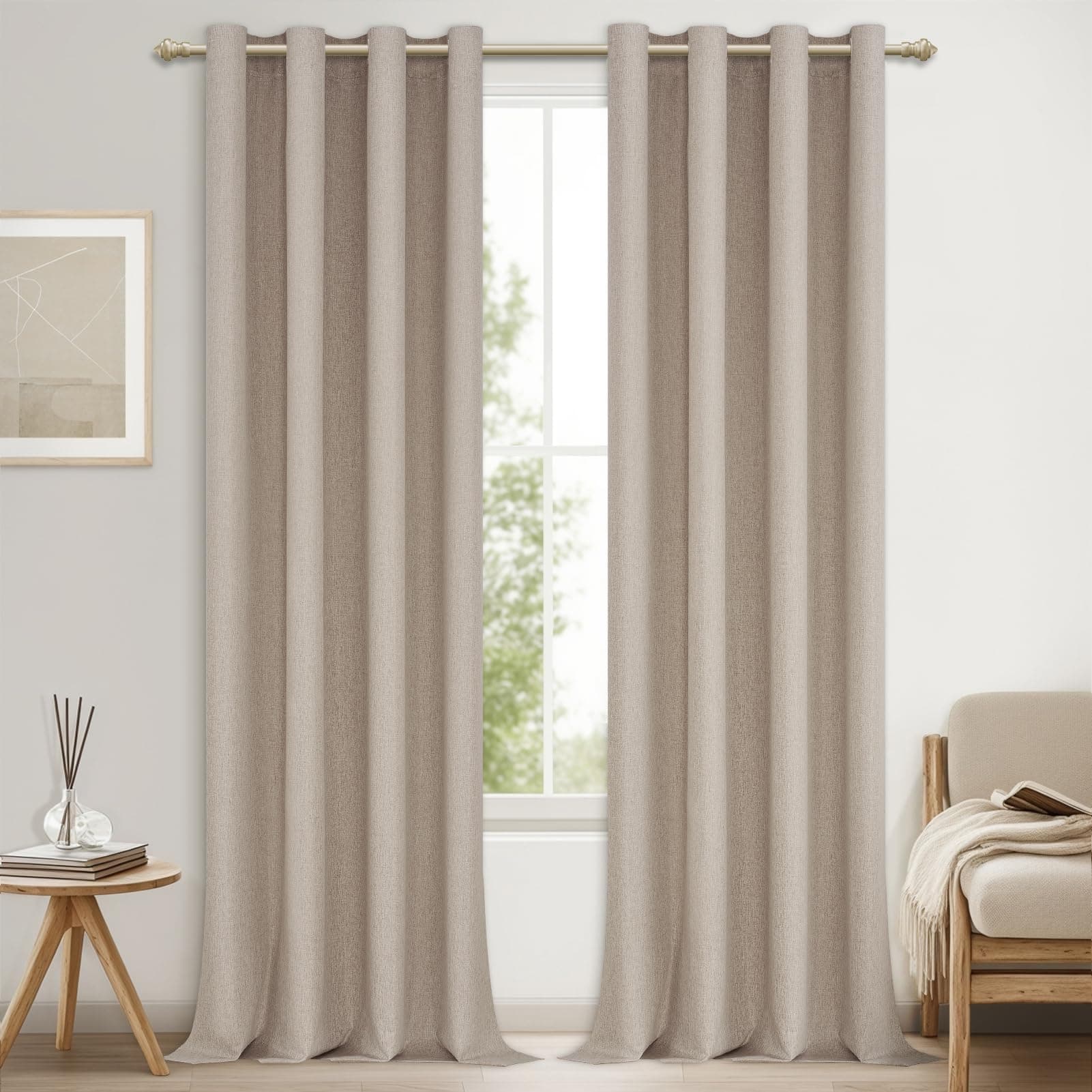 MRTREES Rideau Occultant Thermique Lin Naturel à Oeillets 100% Bloquer Lumière, Rideaux Thermiques Isolants Anti Froid et Chaleur pour Fenetre Chambre Adulte Salon Lot de 2, 140x245 CM