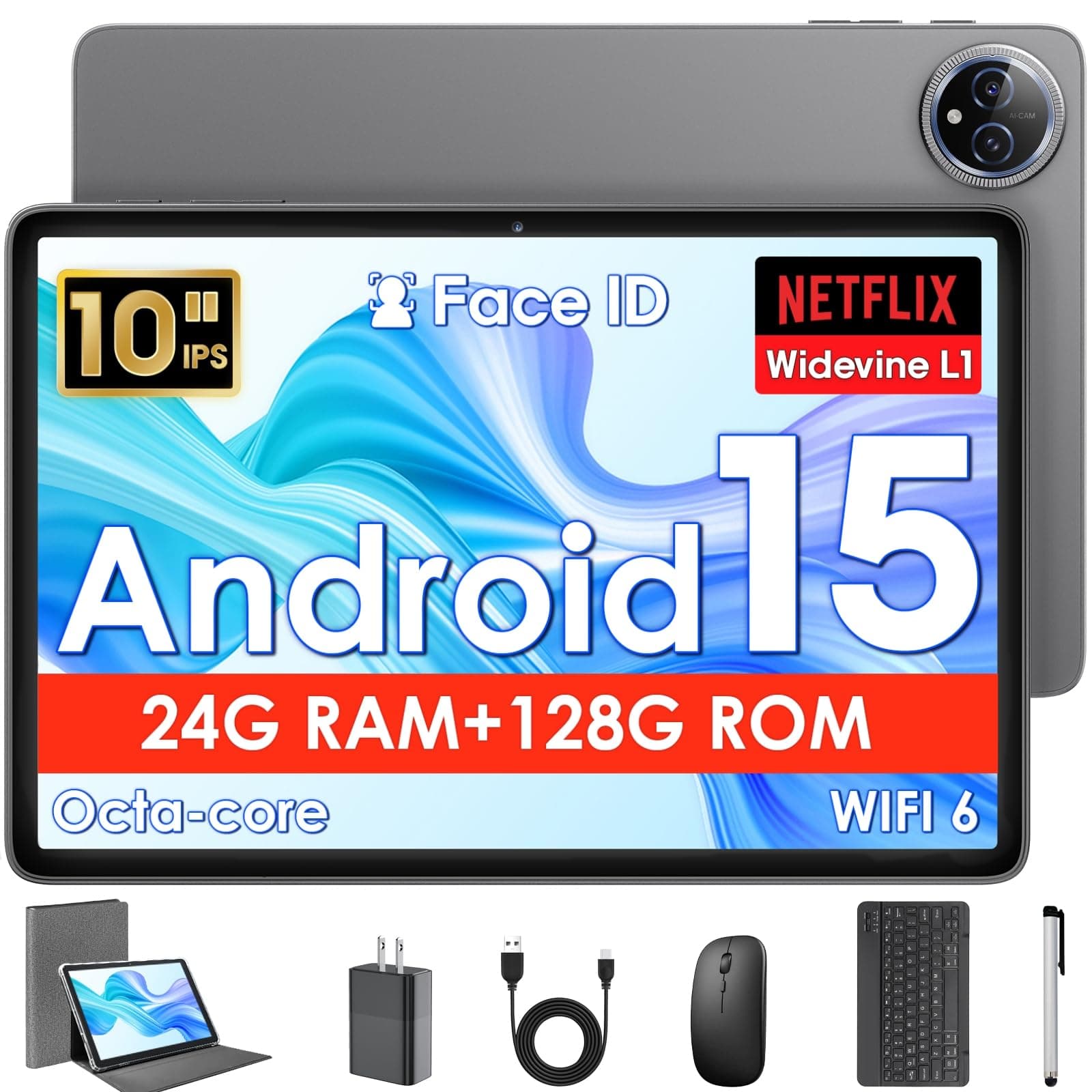 Tablet 10 Pulgadas, Tableta Android 15 con Funda, Ratón & Teclado, Octa-Core, 24 GB RAM + 128 GB ROM + 1 TB TF, Pantalla IPS HD 1280x800, Cámara Dual, 6000 mAh, WiFi 6, BT 5.0, Widevine L1, GPS, Gris