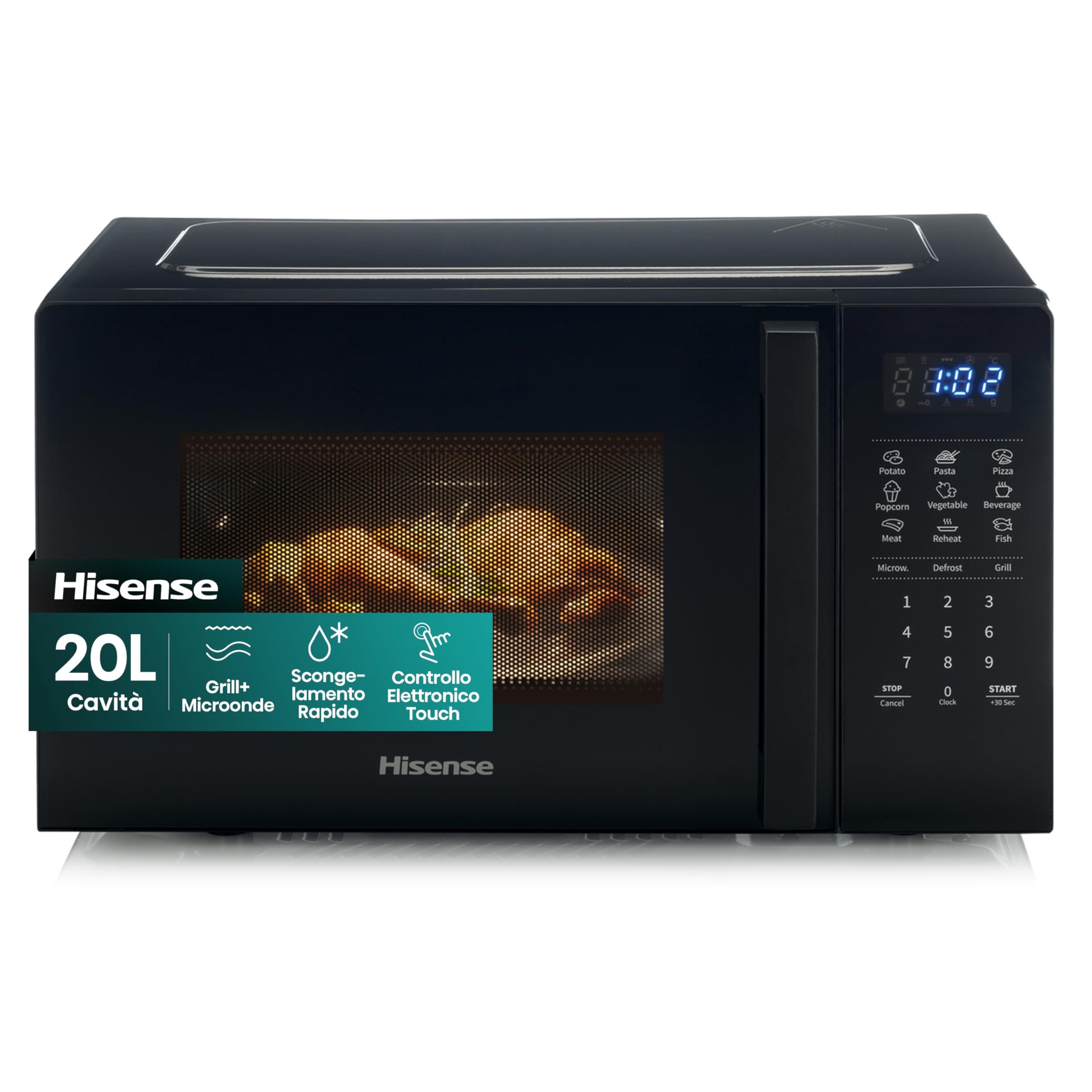 Hisense H20MOBS4HG Forno Microonde con controllo Elettronico, Capacità 20 L, Potenza 700 Watt, Funzione Grill 800 W, Display Led Comandi Touch, Colore Nero