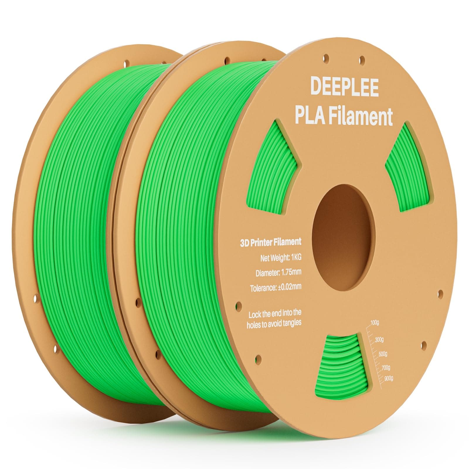 DEEPLEE Filamento PLA 1.75 mm, Kit 2 Bobinas Verde Claro (2x1kg) 2kg. Precisión ±0.02 mm. Enrollado Perfecto, Sin Atascos. Compatible con Impresoras 3D FDM.