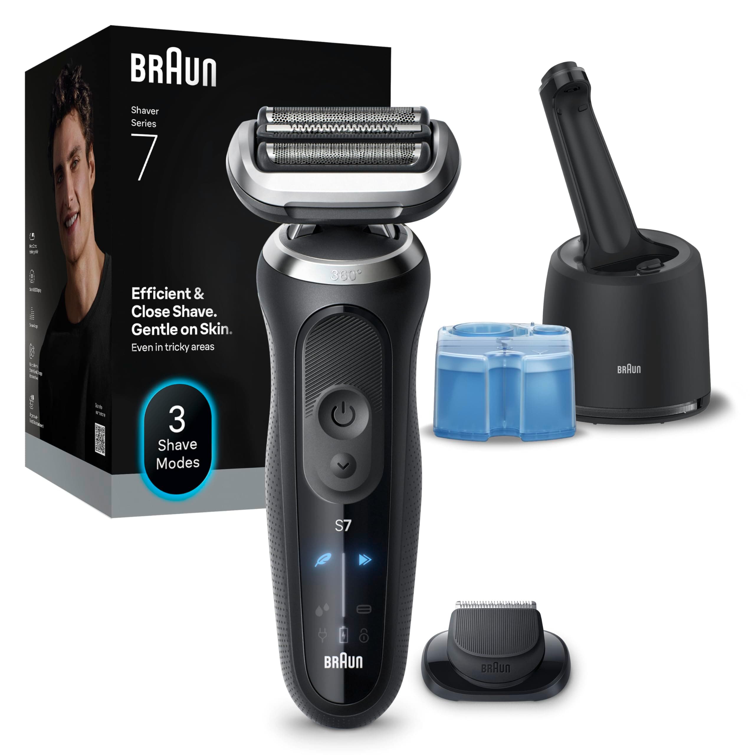Braun Serie 7 Rasoio Elettrico Barba, Wet&Dry, Regolabarba Uomo, Rasoio Barba, 60 Min Di Utilizzo, Stazione SmartCare 4in1, +1 Accessorio, Senza Fili, 100% Impermeabile, 72-C1200CC, Oro