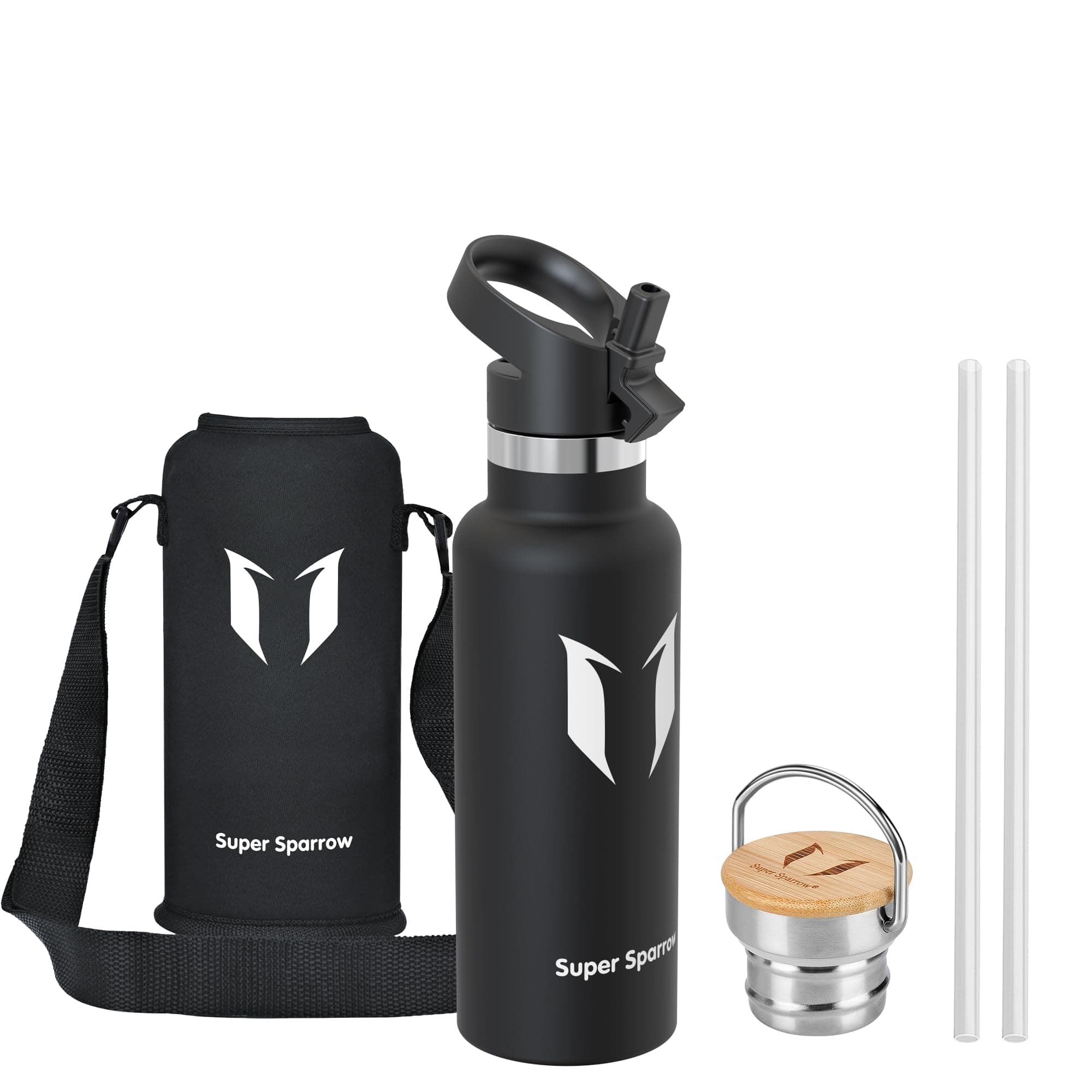 Super Sparrow Trinkflasche Edelstahl - 500ml/750ml/1L - Auslaufsicher Thermoskanne, BPA-Frei Wasserflasche - Thermosflasche Kinder für Sprudel, Sport, Schule, Fitness - Mit 2 Deckeln