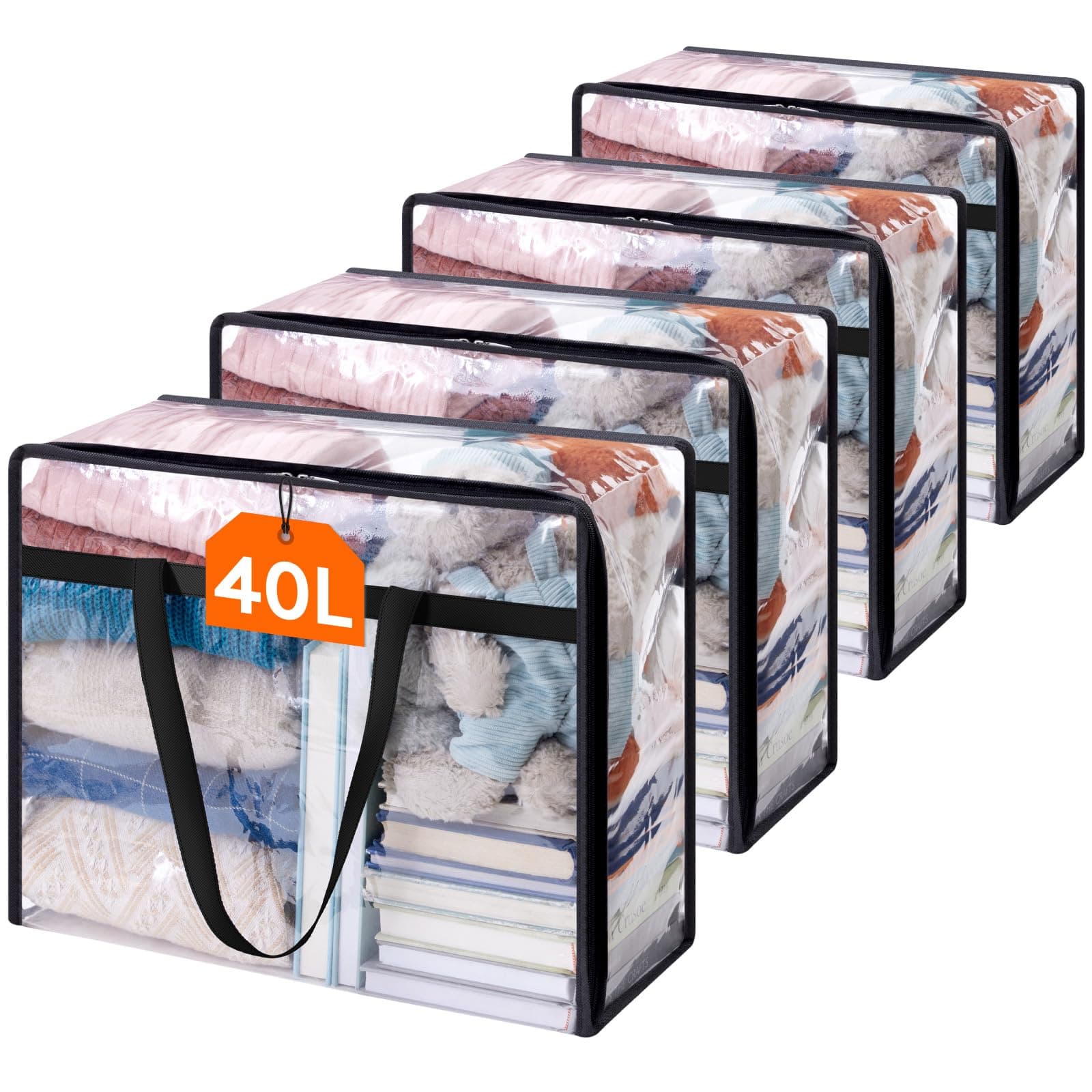 Lifewit 4 Stück Transparente Plastik Aufbewahrungstasche, 40L Kleiderschrank Organizer Aufbewahrungsbox mit Deckel Kleideraufbewahrung Umzugskartons mit Verstärkter Griff für Bettdecken, Kleidung