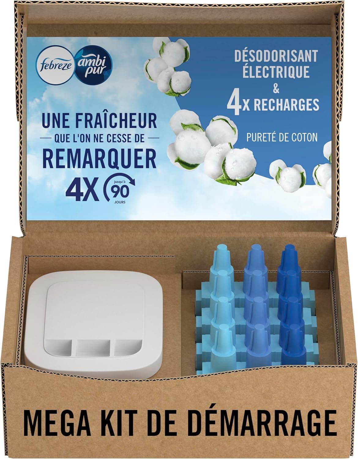 Febreze Désodorisant Électrique, Kit de Démarrage (1 Diffuseur + 4 Recharges de 20ml + 3 Parfums en Alternance), Parfum Pureté de Coton, Combat les Odeurs en Continu, Fraîcheur Jusqu'à 90 Jours