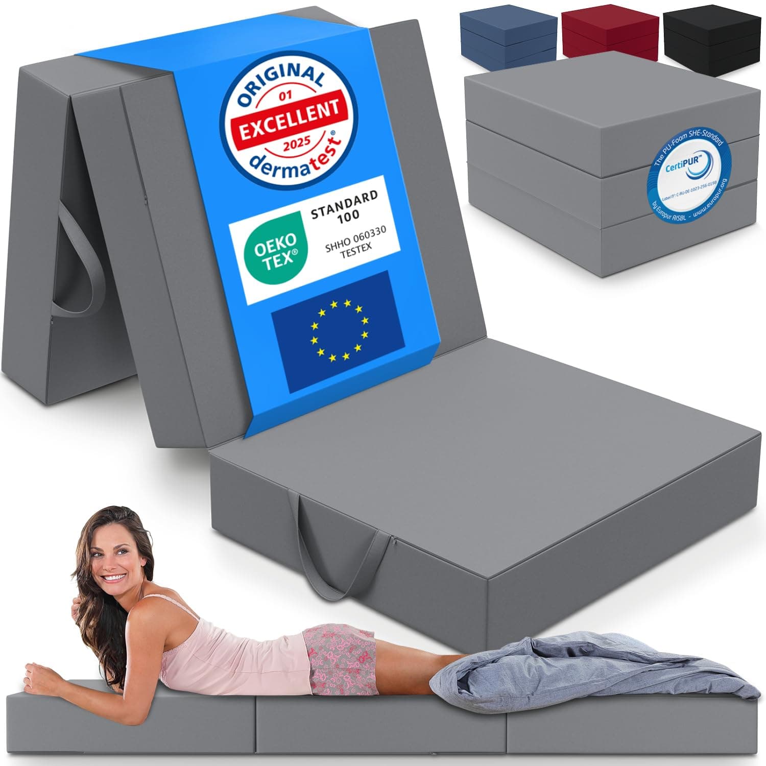 ELONEO Matelas d'invité Pliant en 3 Parties, Mousse Extra épaisse (15 cm), Lavable, Disque intervertébral Cube, Pliable, Adultes (Gris, 75 x 195 x 15 cm)