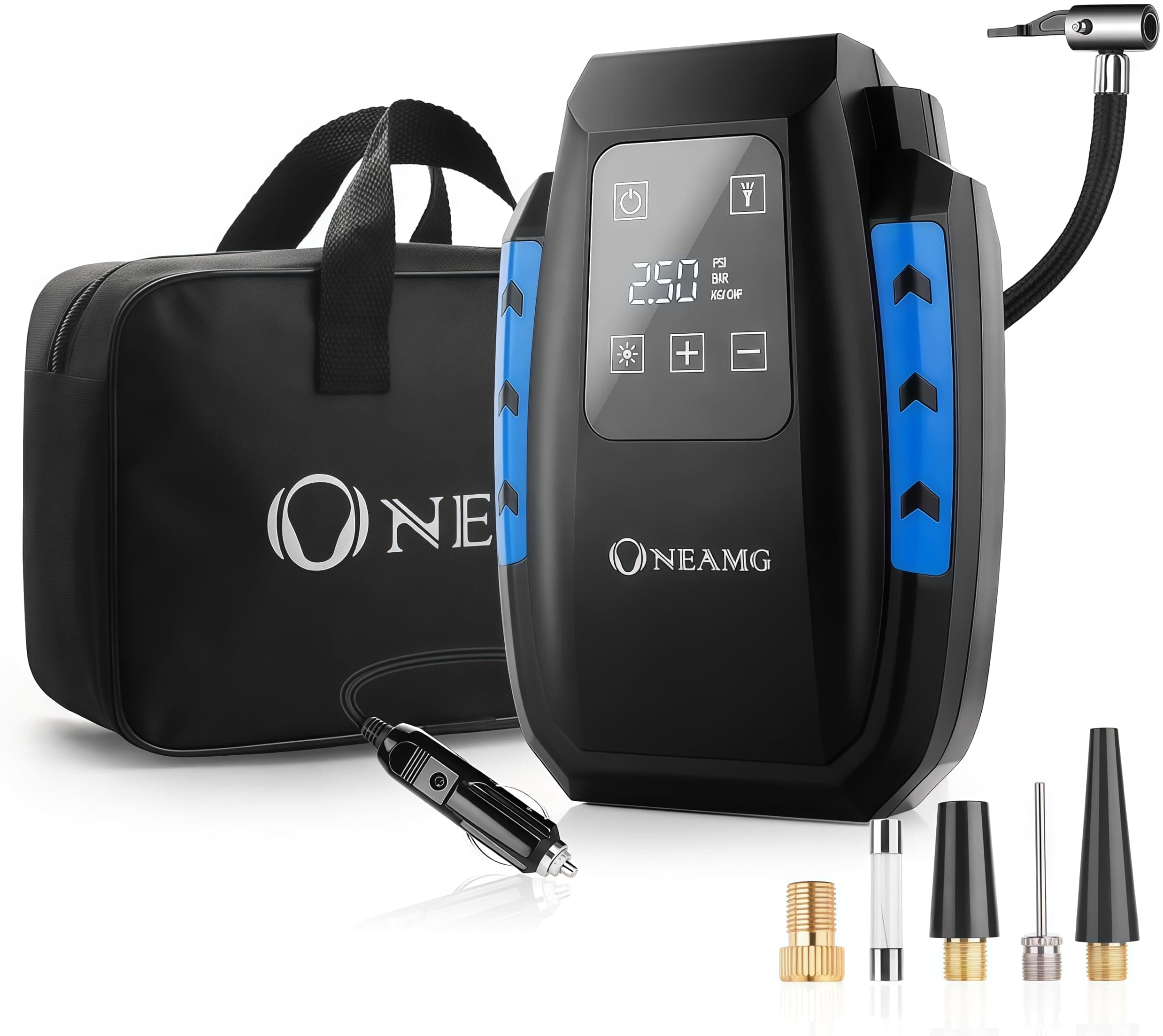 OneAmg Compresor de Aire Eléctrico Portátil Alimentado con Manómetro 12V con LED Luces de Emergencia para Hinchar Neumático de Moto Coche y Bicicleta (Negro)