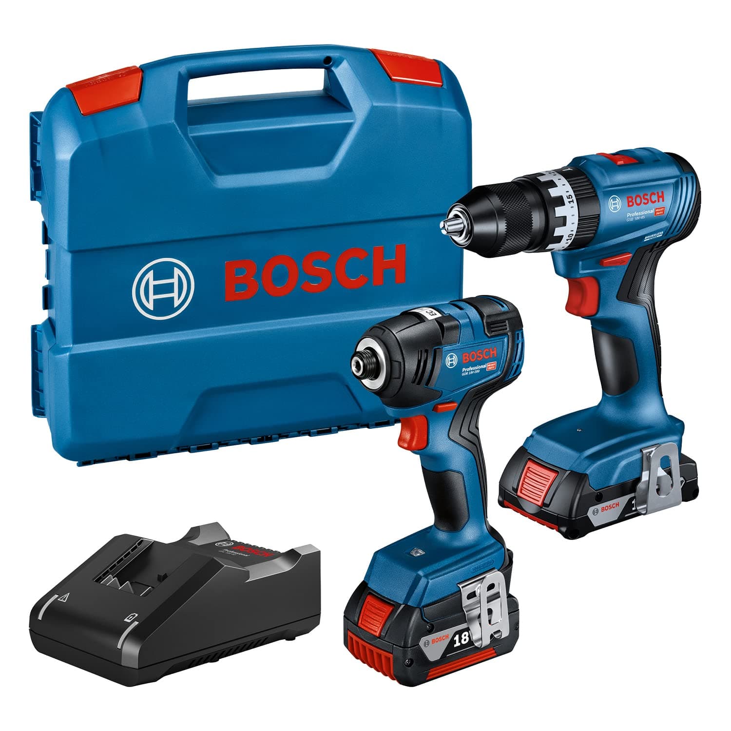 Bosch Professional 18V System combi-kit : Visseuse à chocs GDR 18V-200 + perceuse-visseuse à percussion GSB 18V-45 (av. batteries 2,0Ah + 4,0Ah, chargeur GAL 18V-40, L-Case) - Set Amazon Exclusive