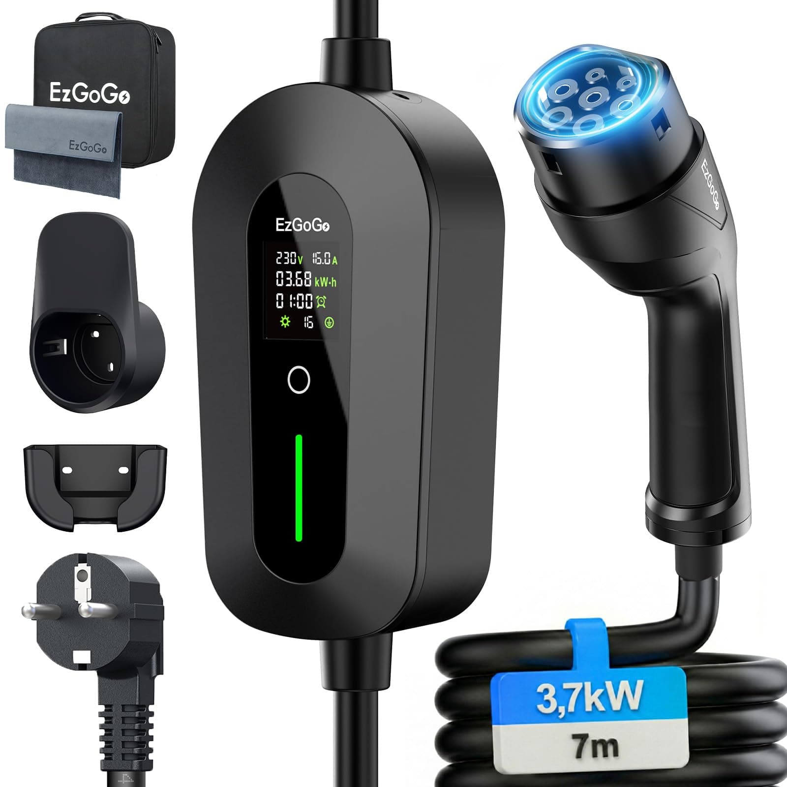 EzGoGo Chargeur Voiture Electrique 3,68 KW, 7 m, 6-16 A, Cable Recharge Voiture Electrique Type 2 avec écran LCD réglable & Indice IP65, pour Toutes Voitures électriques et PHEV (Norme IEC 62196-2)
