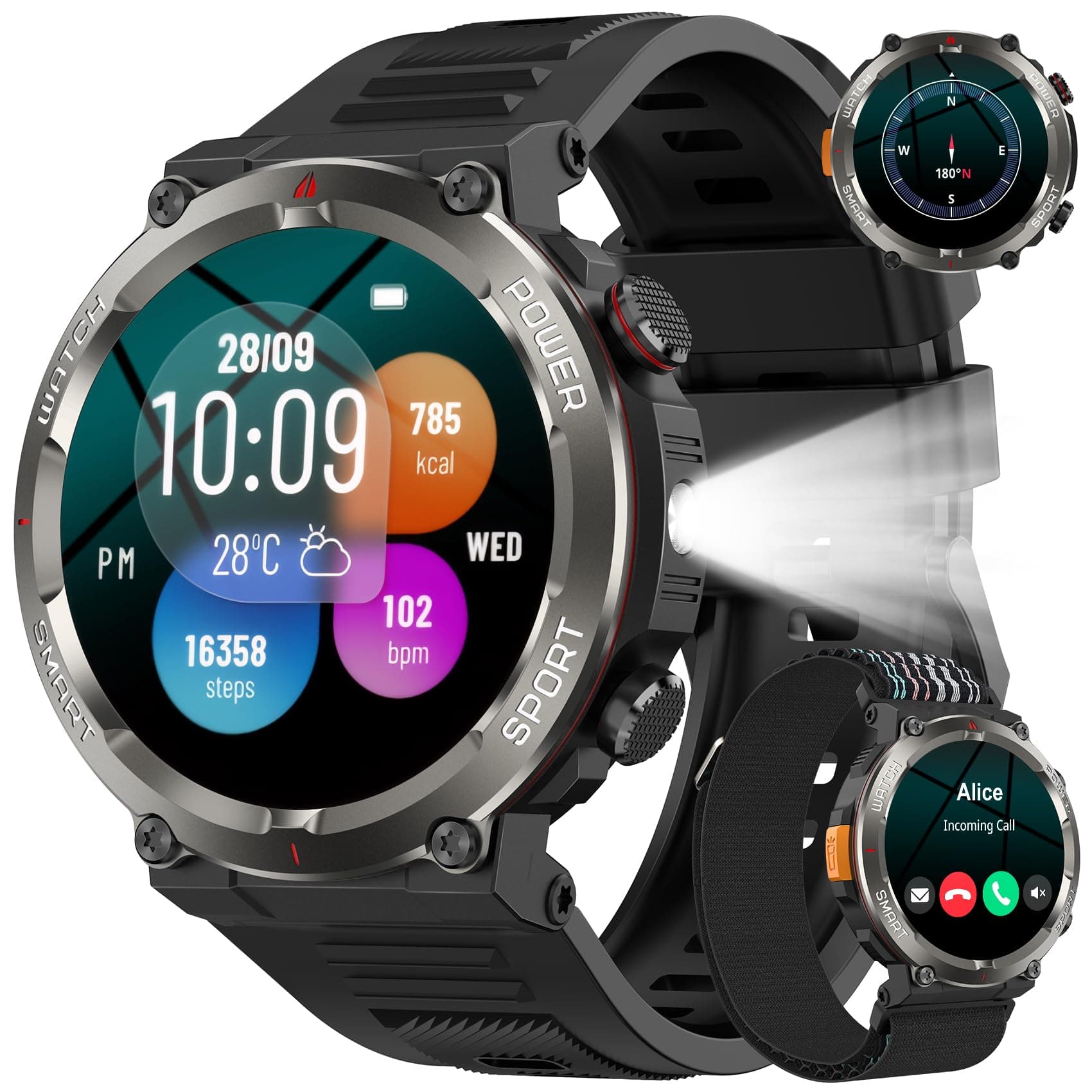 Reloj Inteligente Hombre, 1.45" Smartwatch Hombre con Linterna y Brújula, Smartwatch con Llamadas Bluetooth, 120+ Modos Deportivos, 2 Correas, IP68 Impermeable Reloj Inteligente para Android iOS
