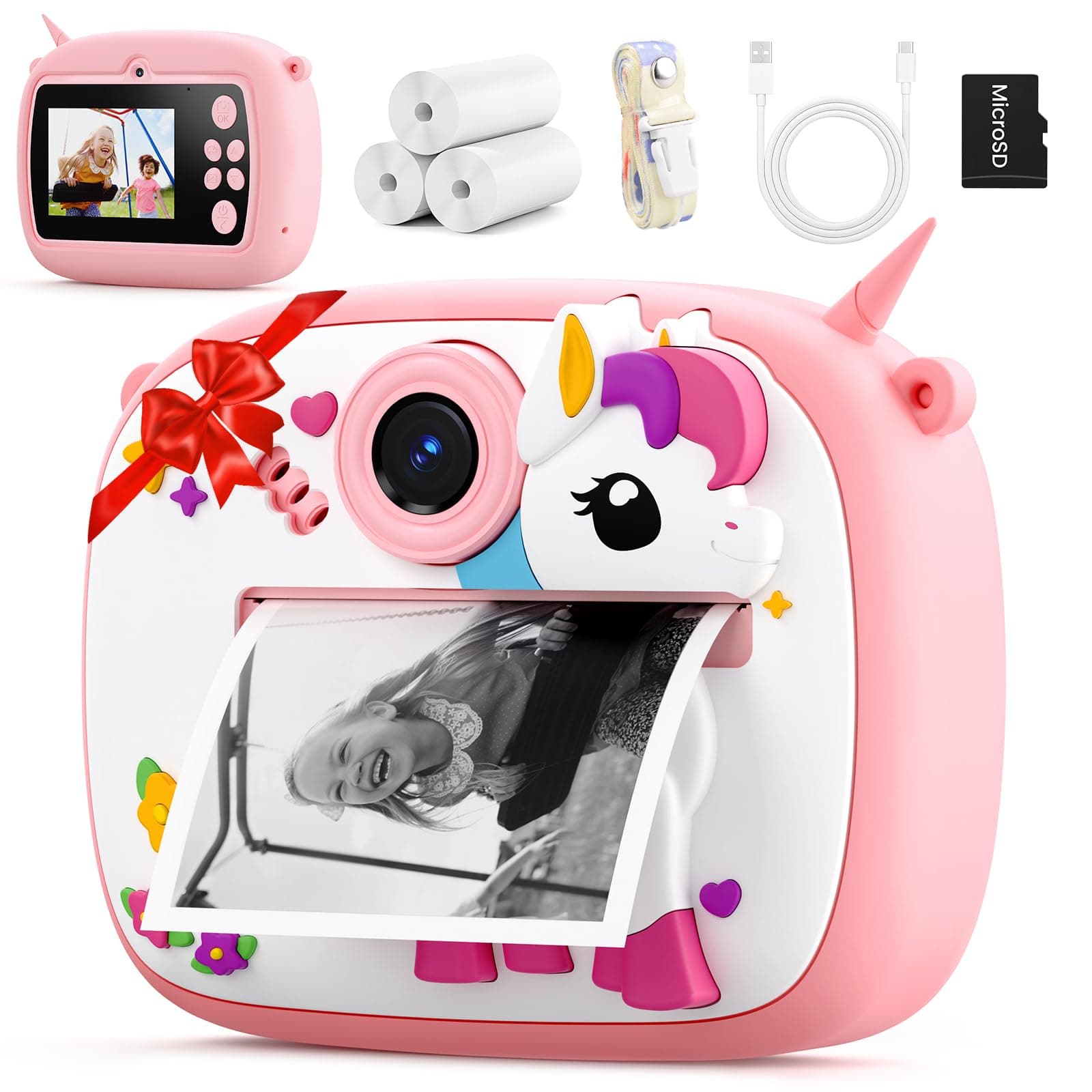 Cámara instantánea para niños, Camara Fotos Infantil instantanea 1080P Pantalla de 2,4 Pulgadas, Papel de impresión y Tarjeta de 32 GB, Juguete Regalo para niños y niñas de 3 a 14 años