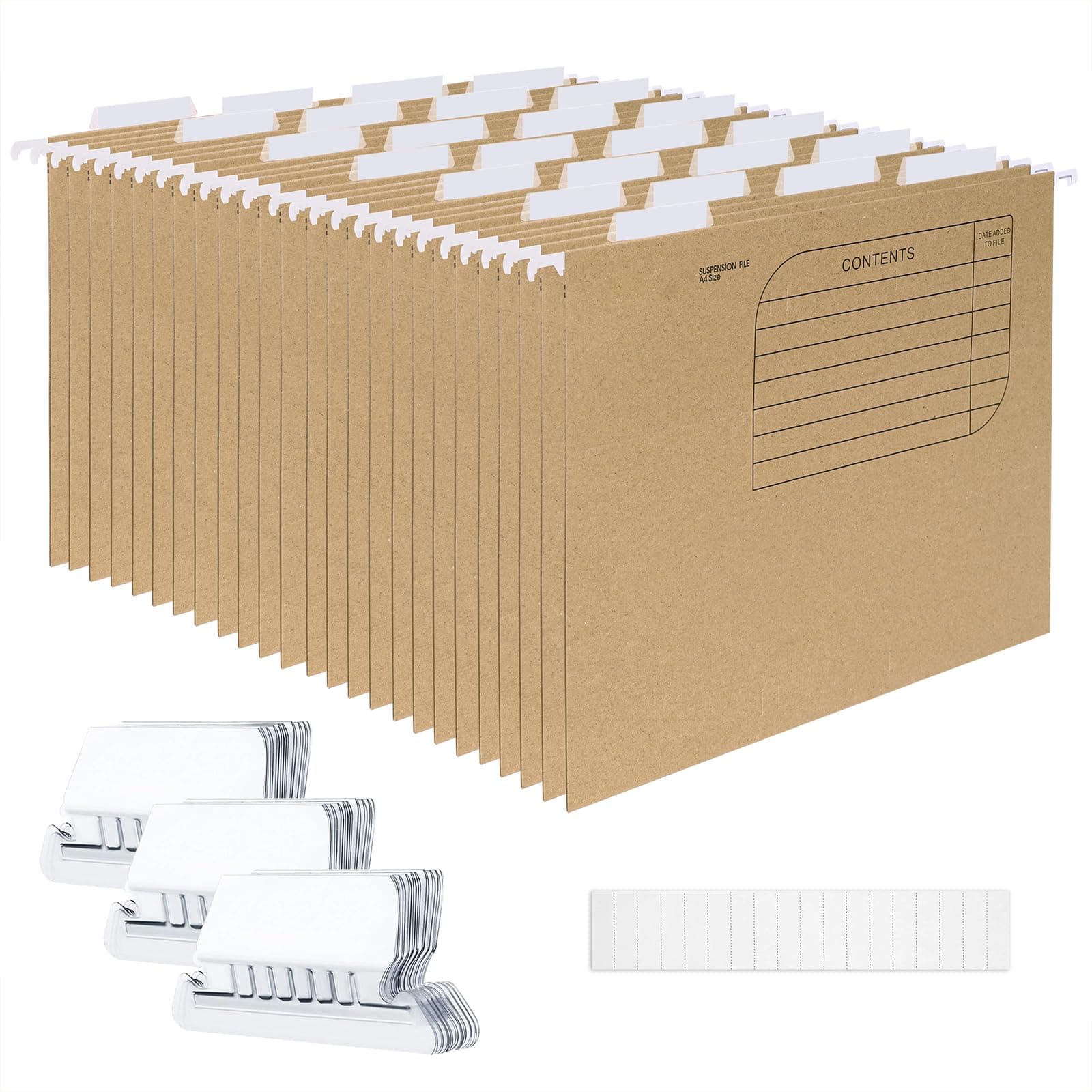 Srvnpioy 25 piezas Carpeta Colgante DIN A4 de Papel Kraft, con Pestañas de Plástico Transparente y Tarjeta en Blanco para Oficina, Escuela, Hogar (Marrón)