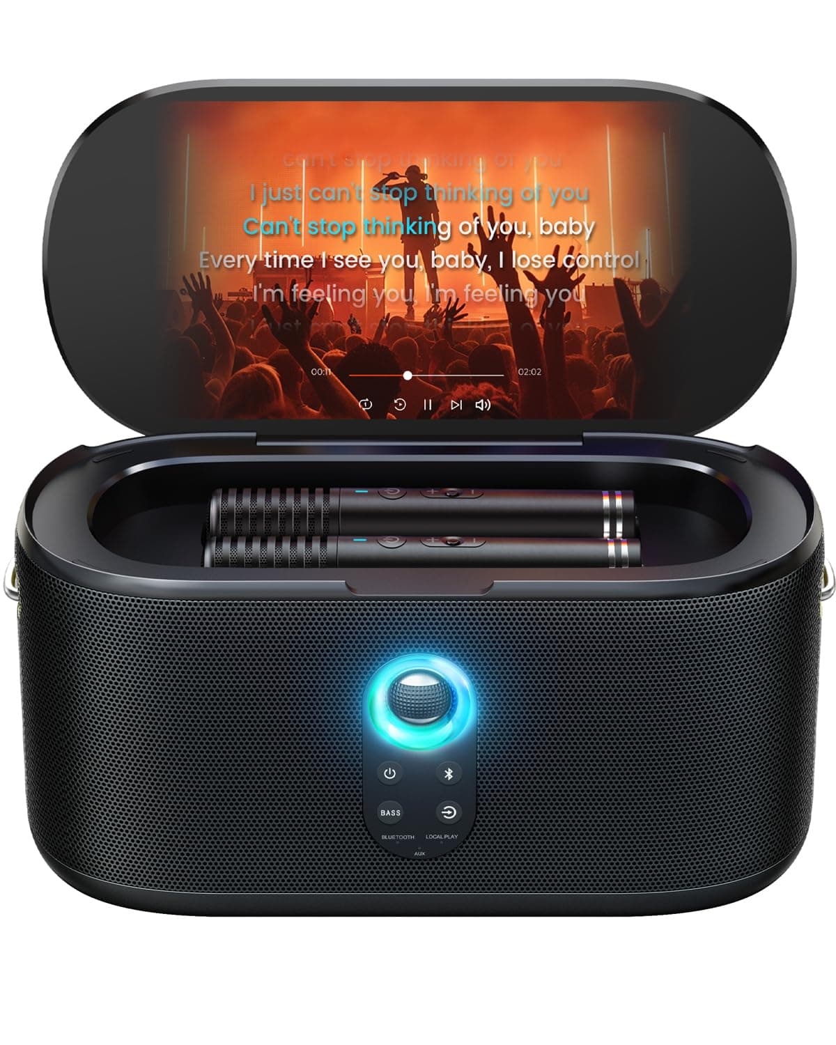 Ikarao Máquina de karaoke Shell S1 con pantalla integrada, Bluetooth, micrófonos inalámbricos y luz de fiesta, perfecta para niños, adultos y actividades al aire libre