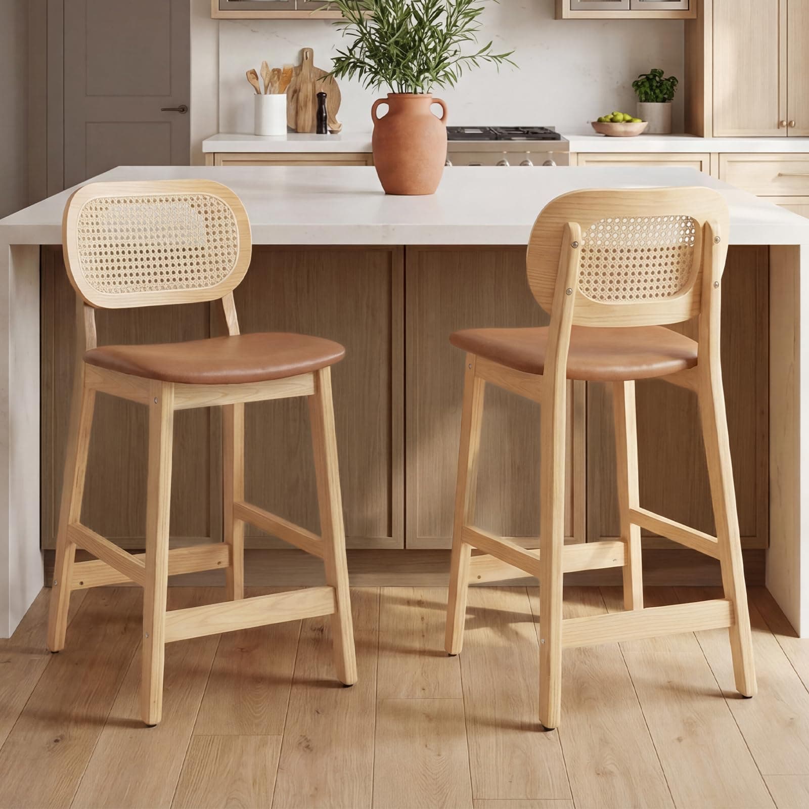 chairus Lot de 2 Tabourets de Bar en Cuir PU, Chaises de Bar avec Dossier en Rotin, Tabourets de Comptoir en Bois pour Cuisine