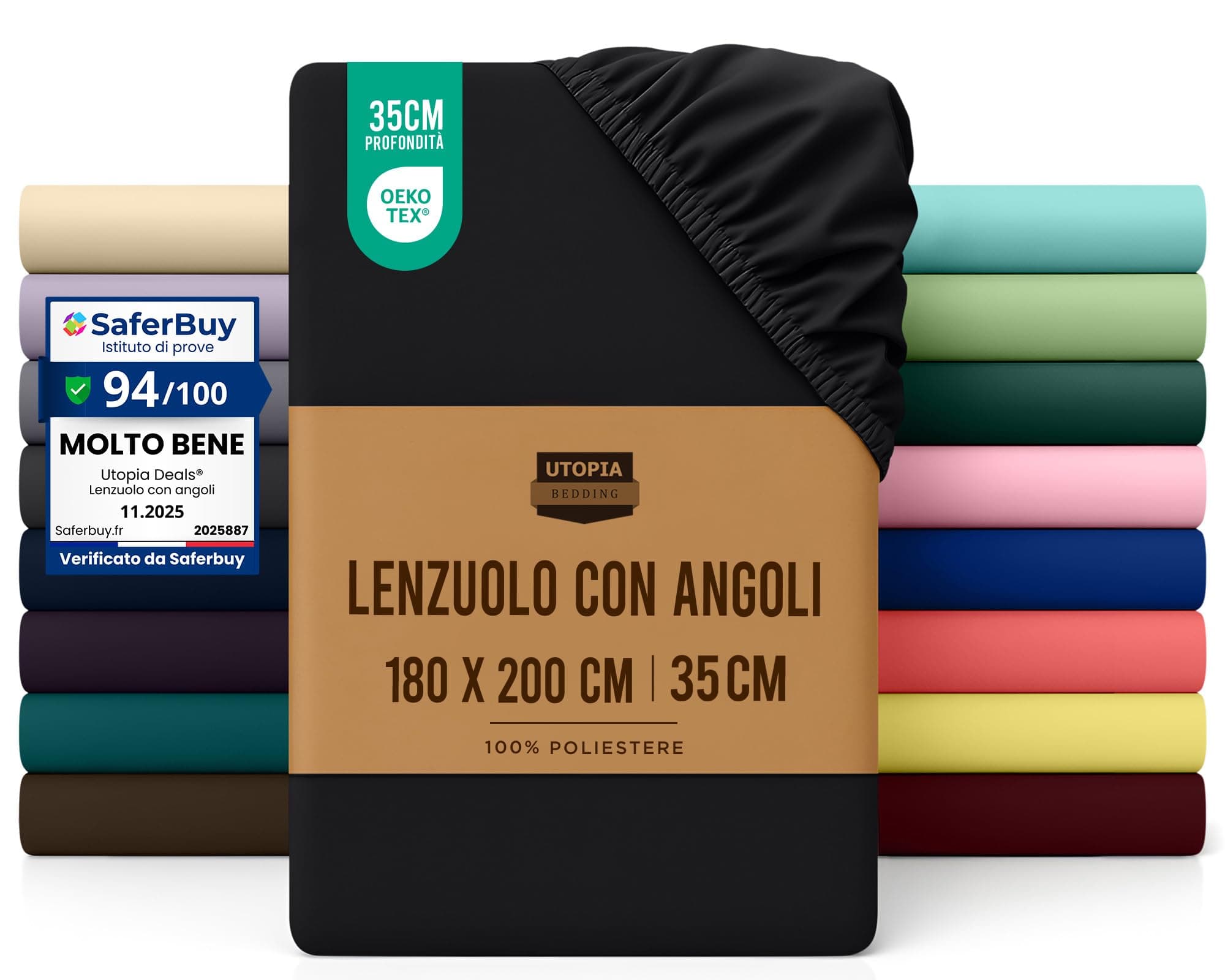 Utopia Bedding Lenzuolo con Angoli Due Piazze Matrimoniale - 180x200cm - Nero - Microfibra di Poliestere Spazzolato - Lenzuolo sotto con Angoli Elasticizzato