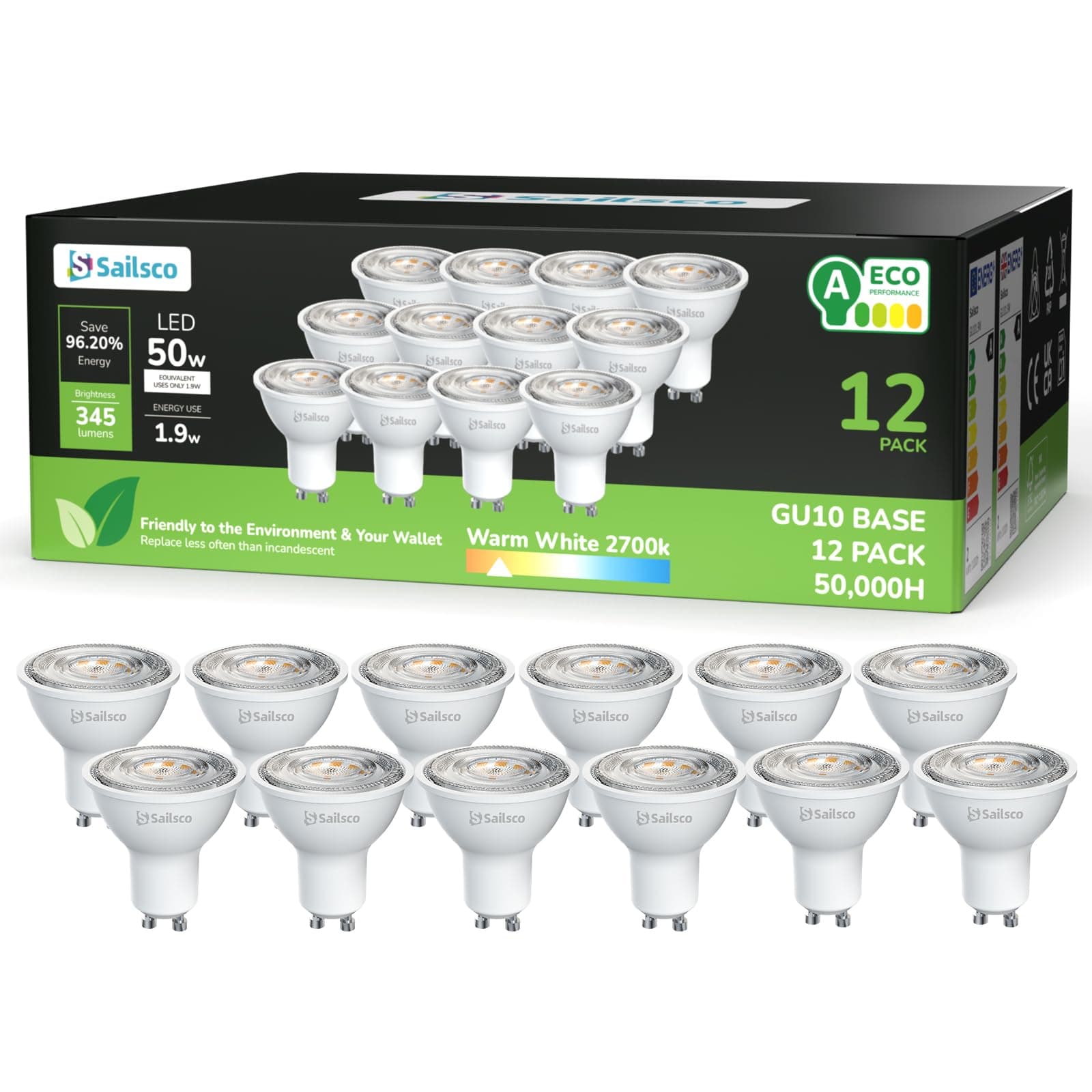 sailsco Energieklasse A GU10 LED Warmweiss Lampe,1.9W 345LM 2700K Warmweiß GU 10 Spot Energiesparlampe, 50W Glühbirne Ersetzt,36 Grad Abstrahlwinkel G10 Leuchtmittel,Nicht Dimmbar Birne,12 Stück