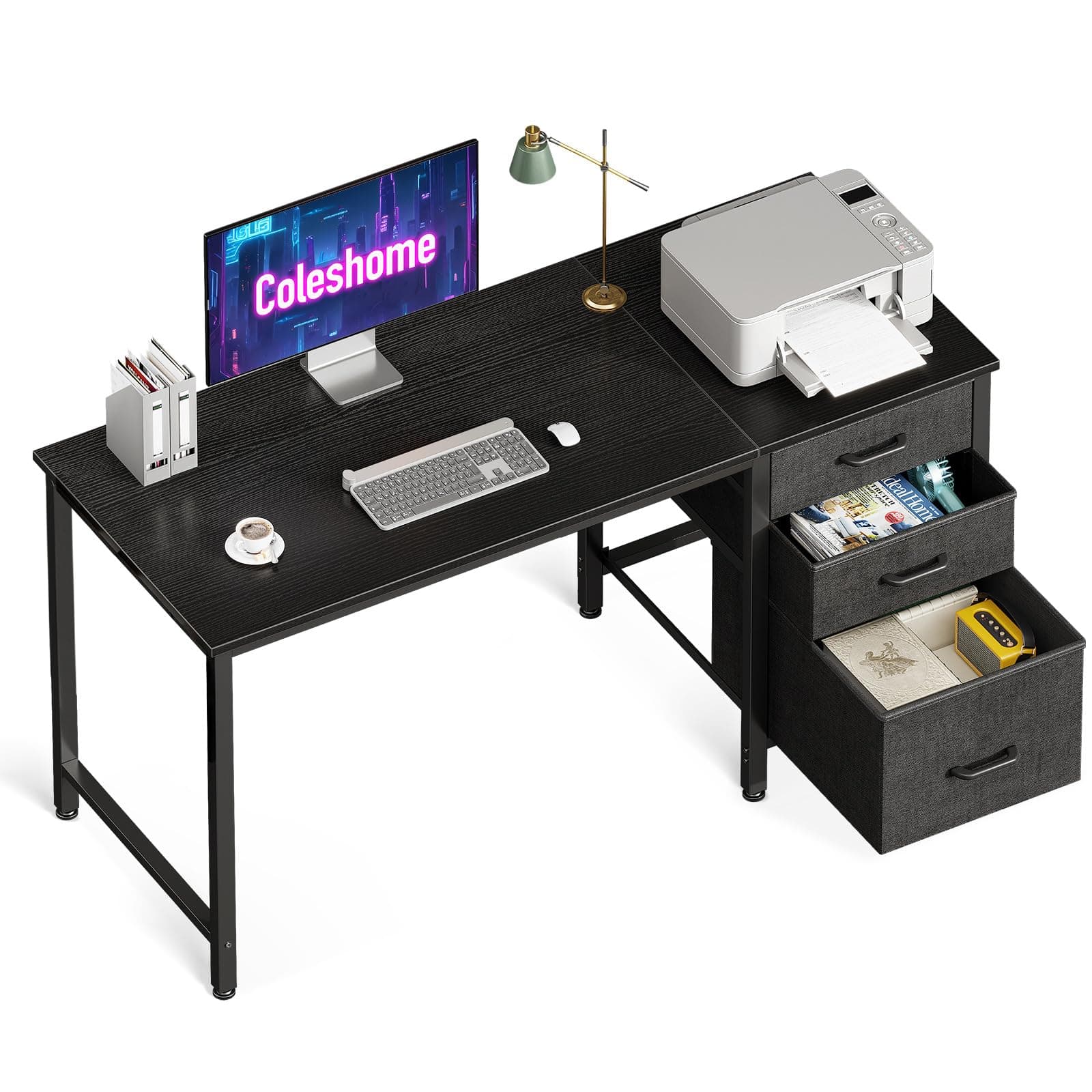 Coleshome Escritorio con 3 Cajones de Tela, 120x48cm Mesa Escritorio de Espacio con Soporte para Auriculares, Escritorio Ordenador Reversible para Oficina en Casa, Negro