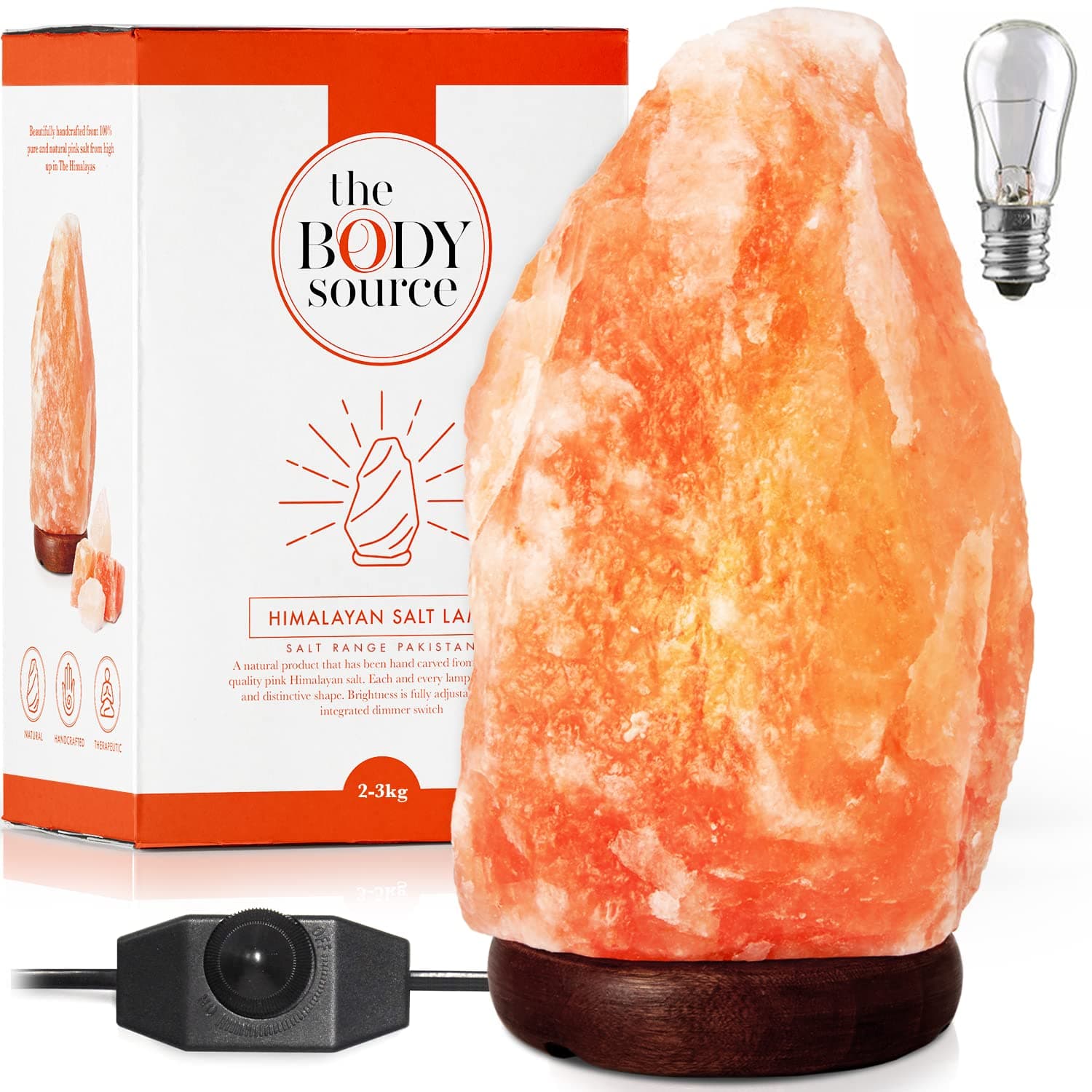 The Body Source Lámpara de Sal del Himalaya (3-5 KG) con Regulador de Intensidad - 100% Natural y Hecha a Mano con Base de Madera + Bombilla de Repuesto Incluida