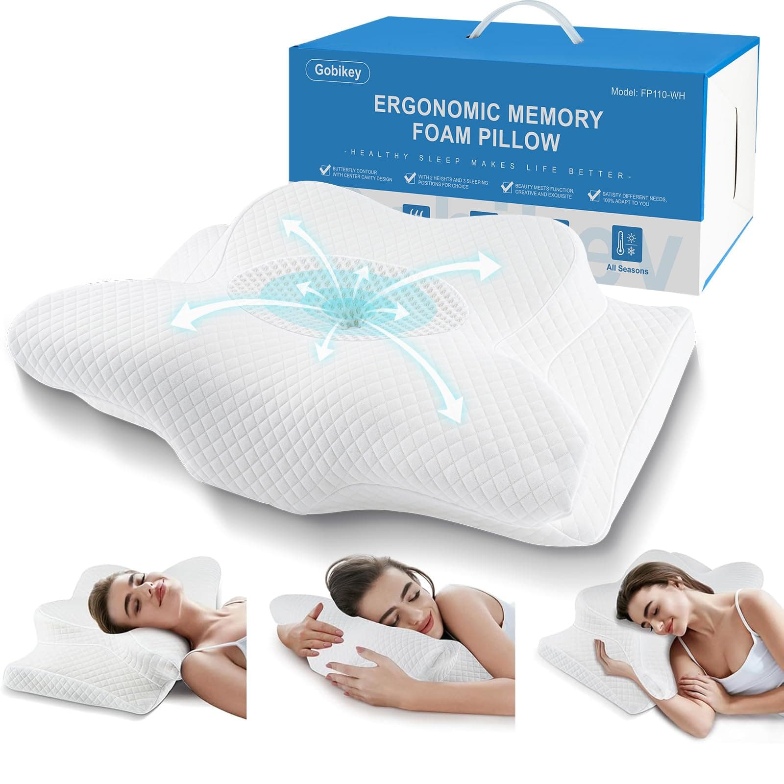 Gobikey Almohada Cervicales y Cuello, Almohada Cervical de Espuma Viscoelastica, Almohadas Antironquidos para Dormir de Lado, Espalda y Estómago, 60x36x11/13cm, Blanco
