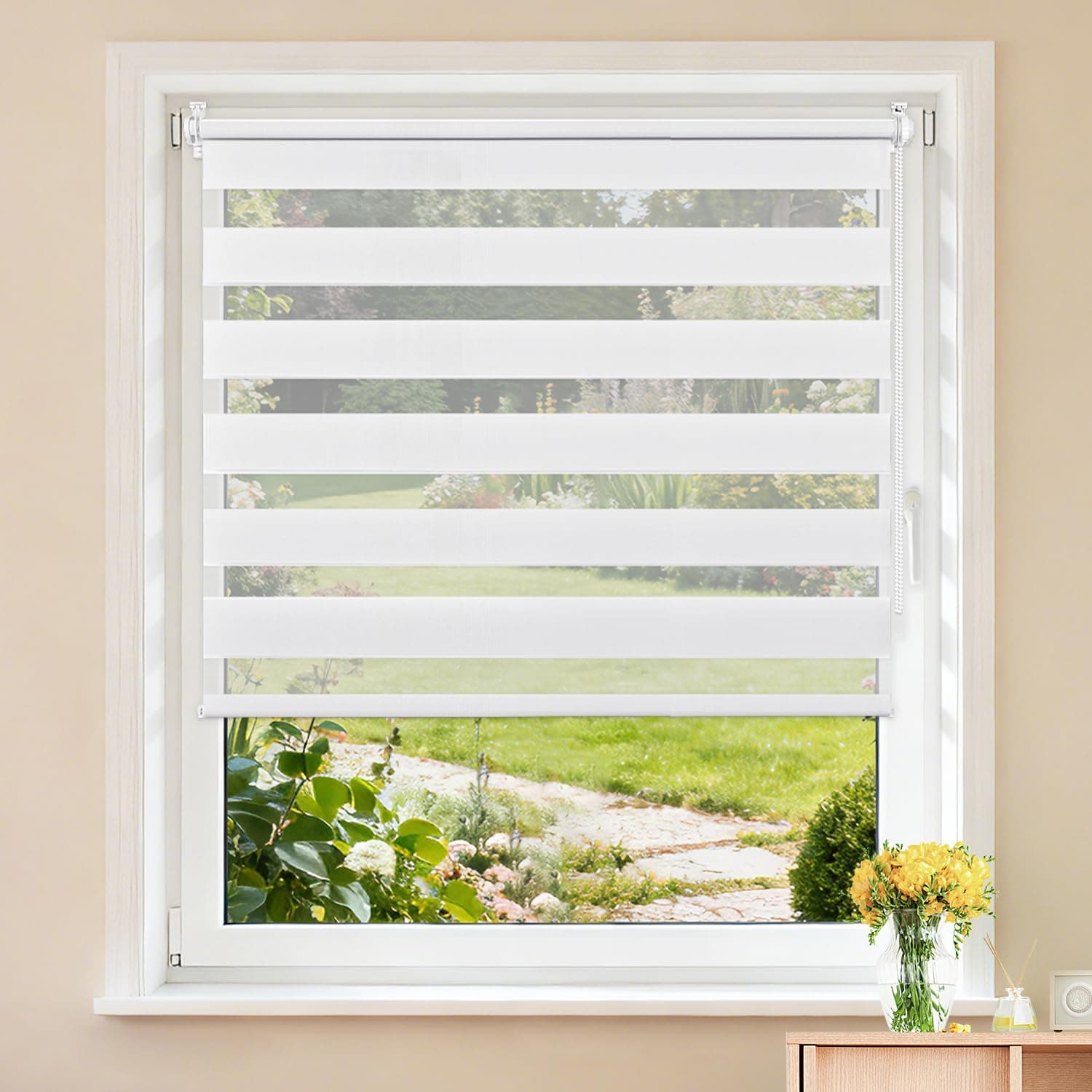 Buseu Store Enrouleur Jour Nuit sans Perçage, Installation Facile par Clips, Rideau Occultant et Translucide pour Fenêtre ou Porte, Blanc, 35l x 130L cm (Largeur du Tissu 35 cm)