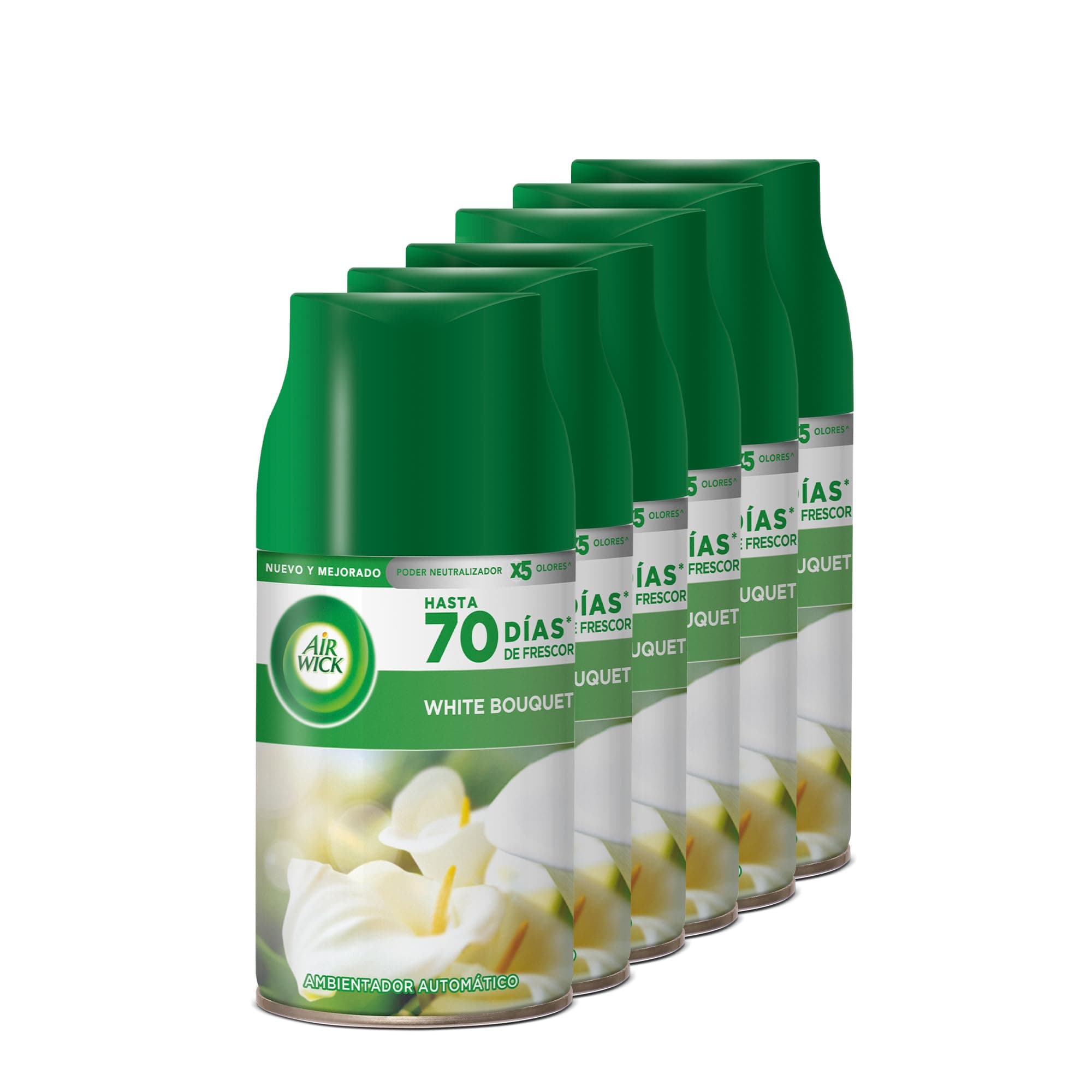 Air Wick Eléctrico - Recambios de Ambientador Automático Eléctrico, Esencia Para Casa Con Aroma a White Bouquet, Verde, 250 ml (Paquete de 6)
