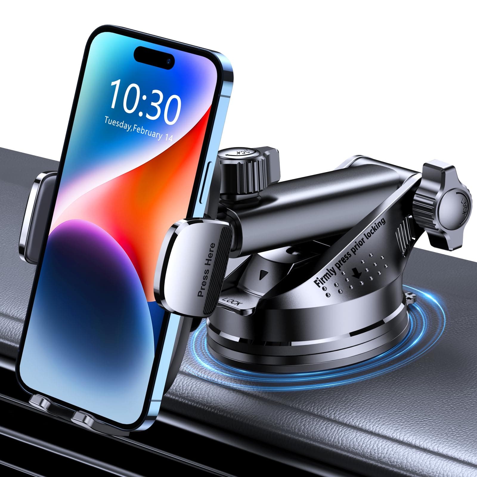 Mohard Soporte Movil Coche, [Nunca Caigas] Suporte Telemovel Carro Giratorio de 360°, Liberación con un Botón, Soporte Móvil Coche Salpicadero/Parabrisas Compatible con iPhone, Samsung y 4-7" Phones