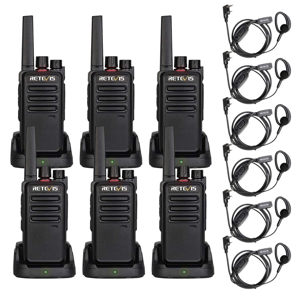 Retevis RT668 Walkie Talkie con Auriculares, Licencia Libre PMR446, Walkie Talkie Largo Alcance Recargable, Robusto Portátil Walkie Talkies para Seguridad, Industria y Depósito(Negro, 6 Piezas)