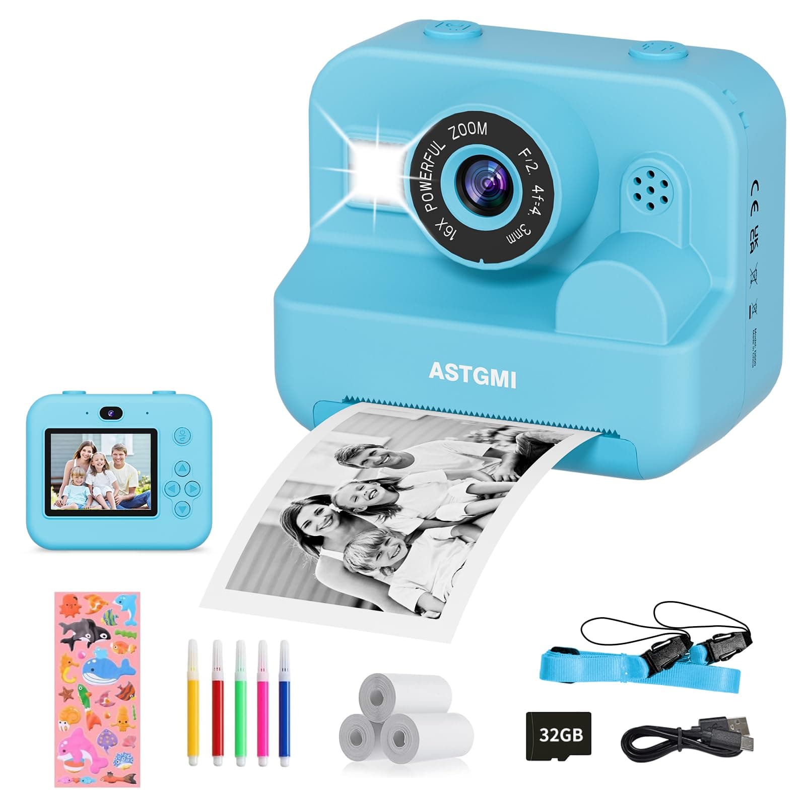 ASTGMI Macchina Fotografica Bambini Istantanea, 2,4 Pollici 1080P Fotocamera Bambini Selfie con Carta da Stampa e 32GB Scheda, Giocattolo Regalo di Natale Bambino e Bambina 3 4 5 6 7 8 Anni (Blu)