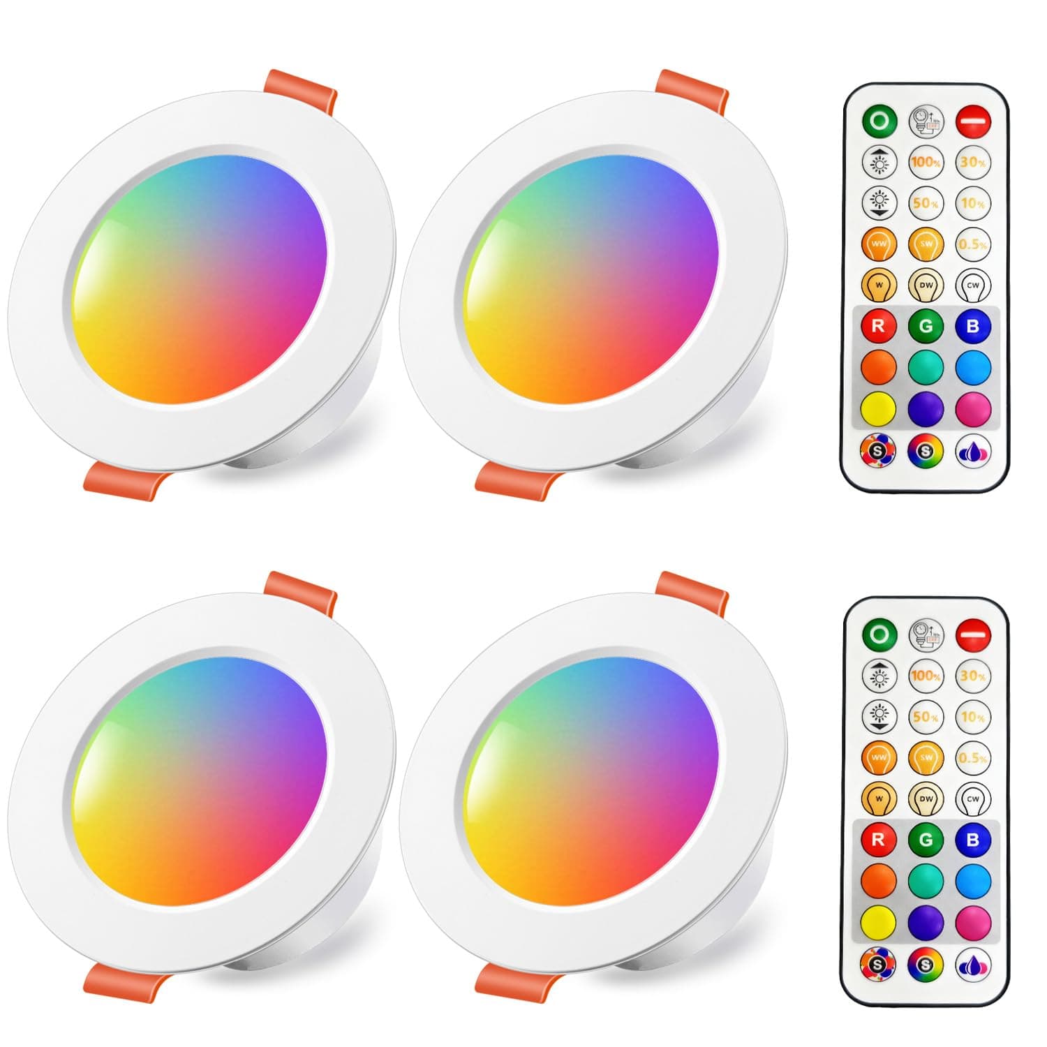 iLC Spots LED Encastré 8W (équivalent 60W) Découpe 68-85mm, Couleur RGB Changement Variation Coloré RGBW IP44 Blanc Chaud 2700K Rond Encastrables par Télécommande (lot de 4)