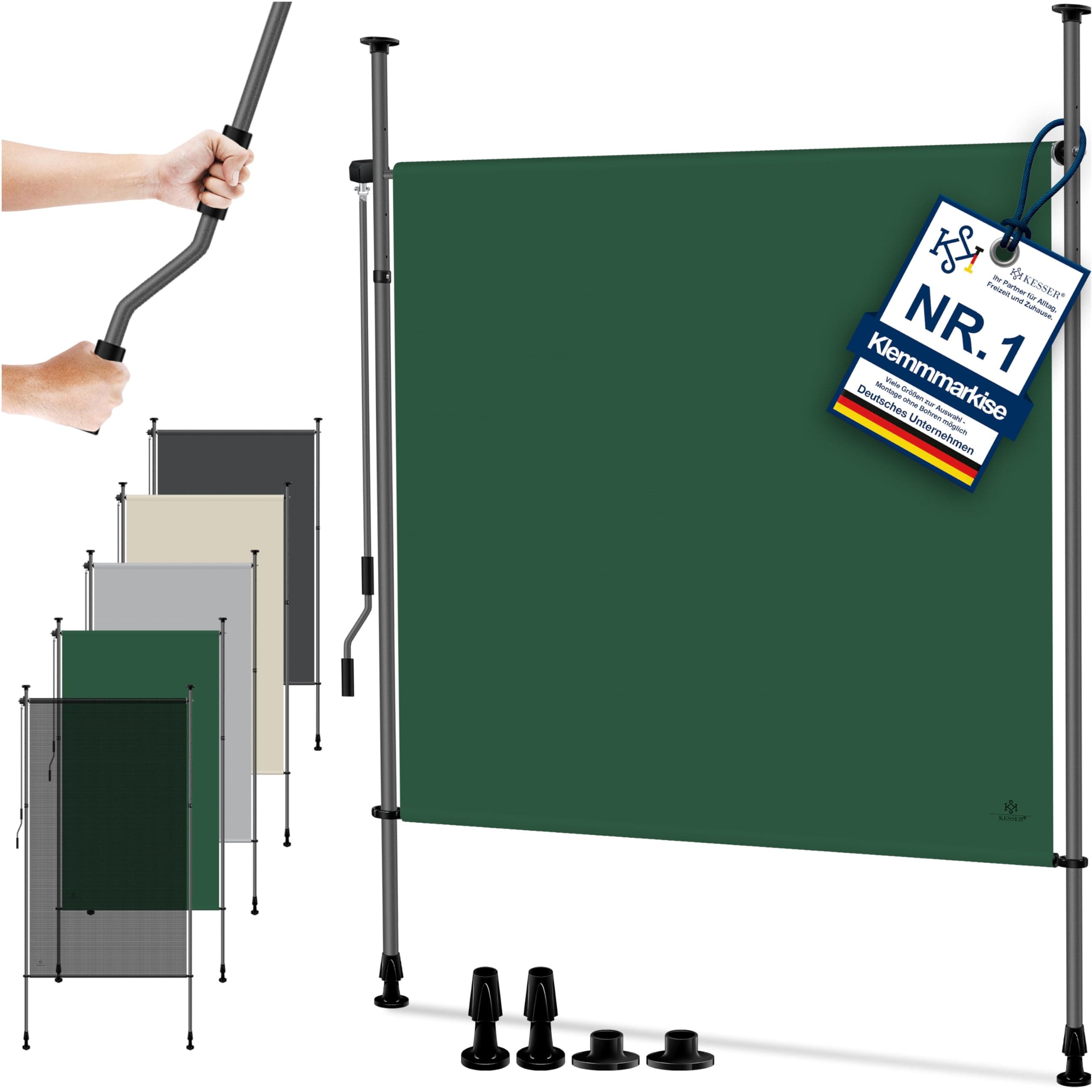 KESSER® Klemmmarkise 120x310 cm, Garten Balkon Sichtschutz wetterfest, Wind- & Sonnenschutz, Senkrechtmarkise mit Handkurbel ohne Bohren, Ausziehbar, wasserdicht & UV-beständig, Dunkelgrün