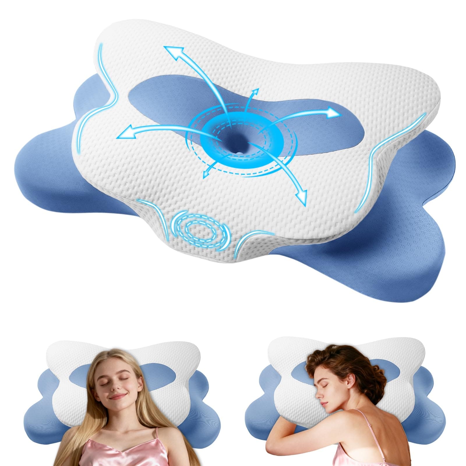 ALLFYL Cuscino Cervicale Memory Foam a Doppia Altezza, Cuscino Ortopedico Ergonomico per Dolori a Collo e Spalle, Cuscino Supporto Cervicale (Blu)